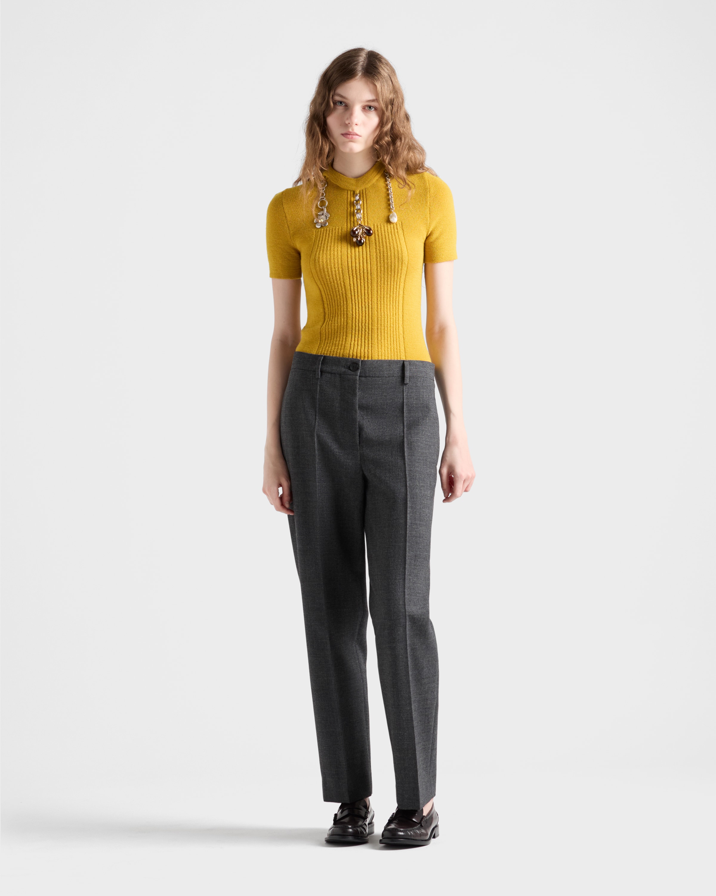 Prada Chain Embroidered Wool Knit Short-sleeve Sweater In Yellow