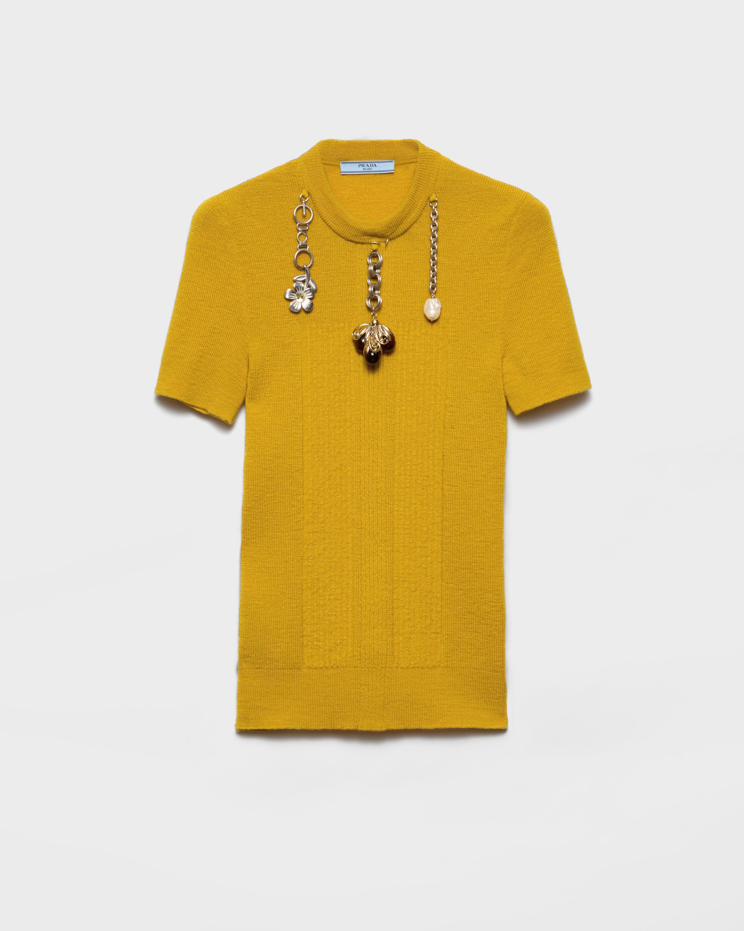 Prada Chain Embroidered Wool Knit Short-sleeve Sweater In Yellow
