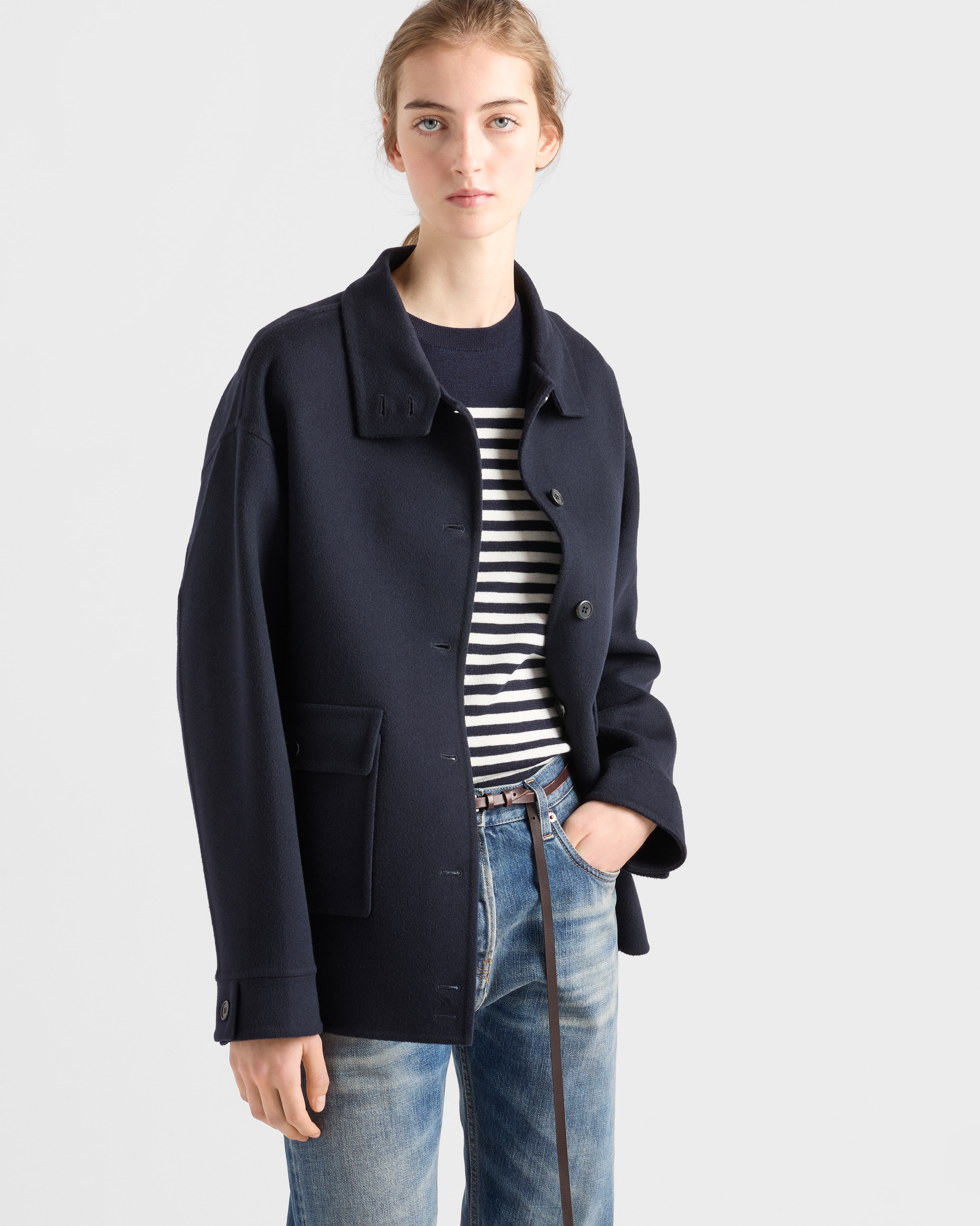 PRADA ネイビー リブニット セーター 46 ネイビー ウールXカシミヤ