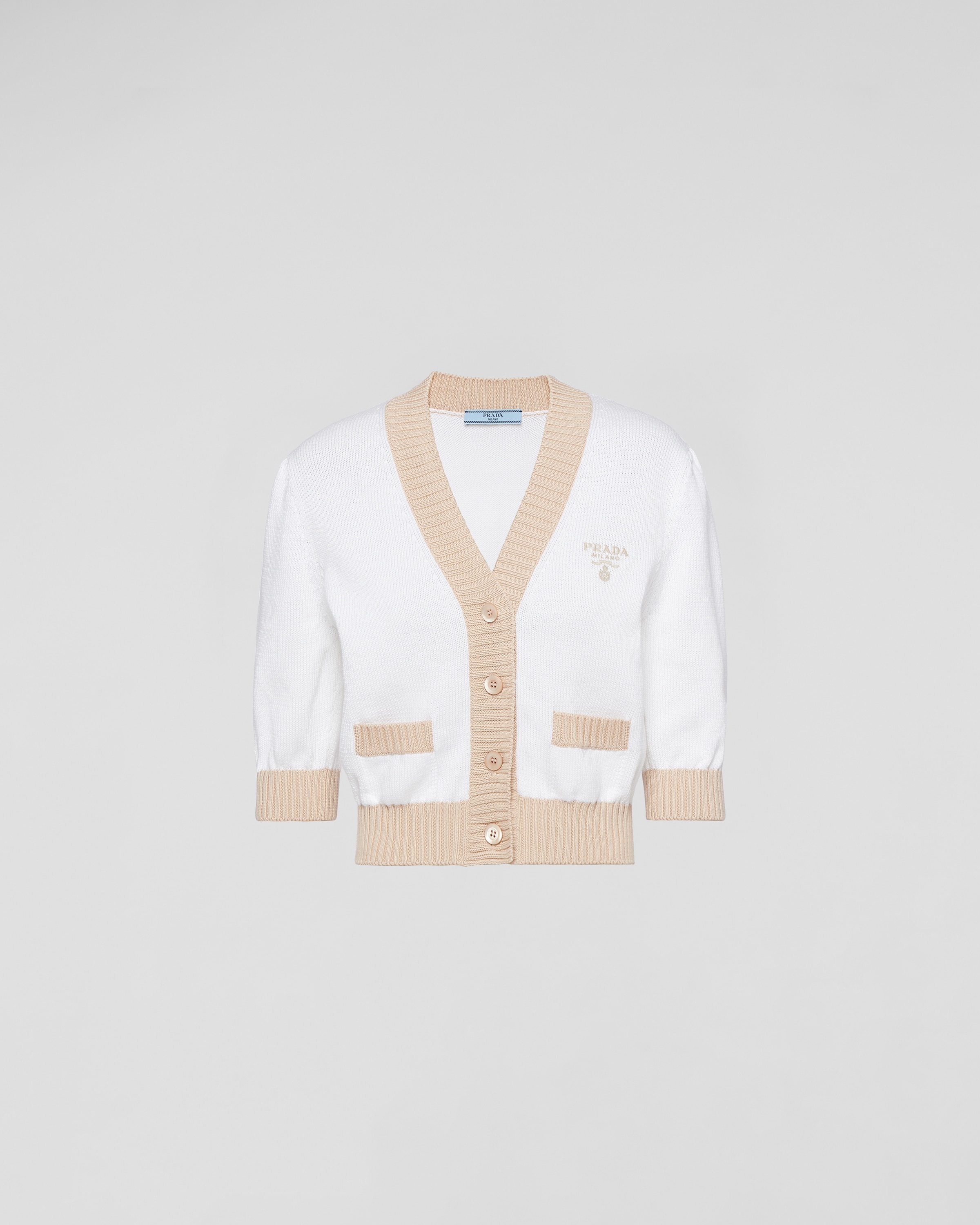 Prada Cropped Two-tone Cotton Cardigan In White