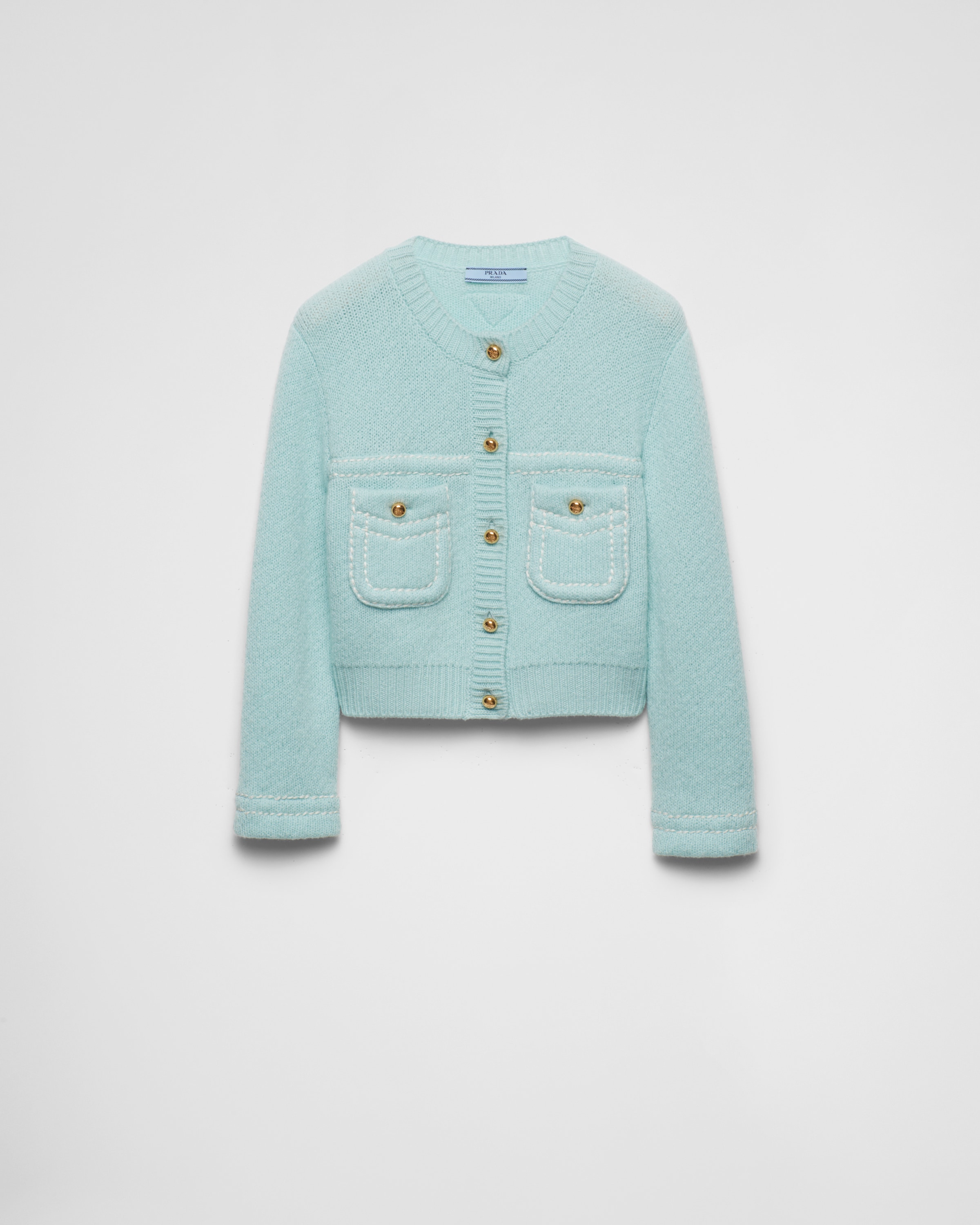 PRADA - check knit cardigan - 水色 Prada Cashmere Cardigan In Aqua | ModeSens