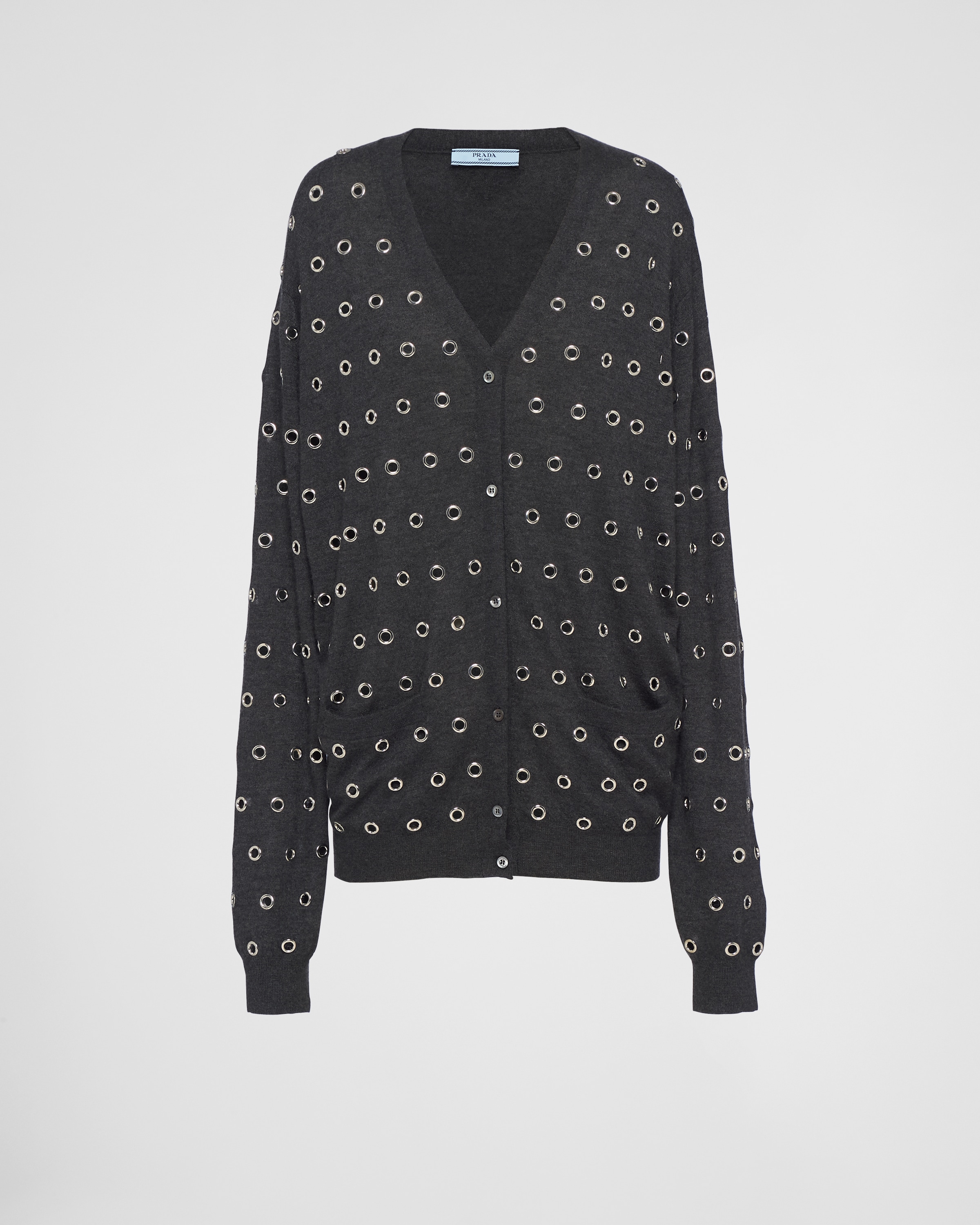 Prada Cashmere Cardigan With Grommets In Anthracite Gray