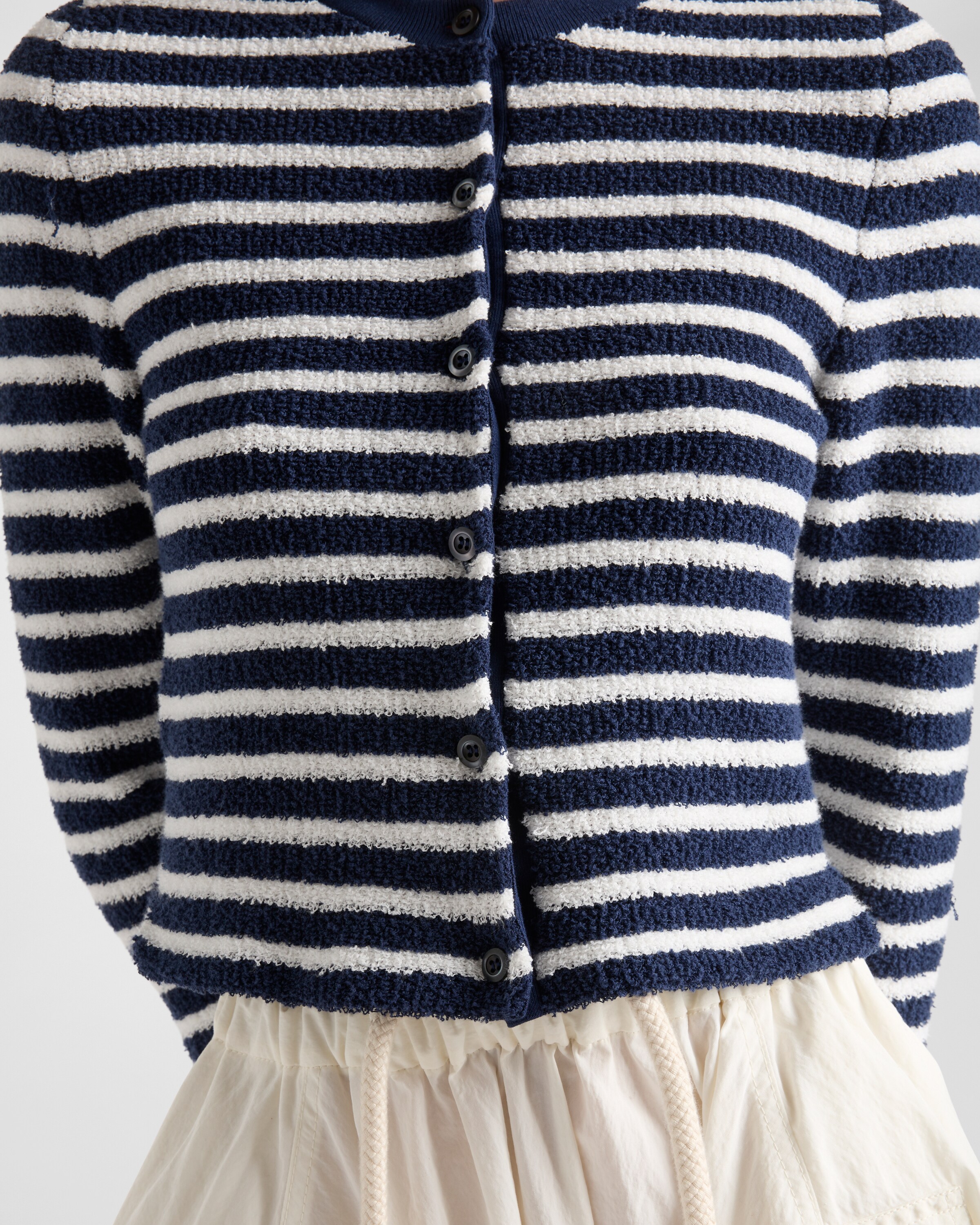 Prada Bouclé Cardigan In Navy Blue/natural