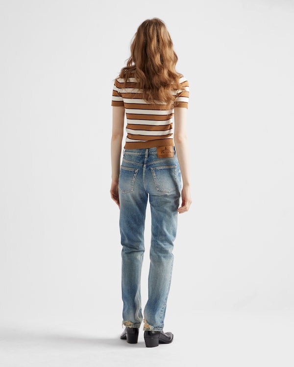 Short-sleeved striped cotton cardigan - Camel/Natural Short-sleeved striped cotton cardigan - Camel/Natural