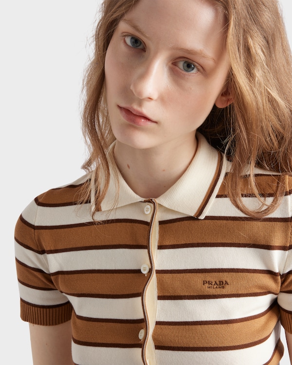 Short-sleeved striped cotton cardigan - Camel/Natural Short-sleeved striped cotton cardigan - Camel/Natural