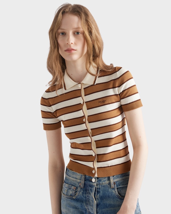 Short-sleeved striped cotton cardigan - Camel/Natural Short-sleeved striped cotton cardigan - Camel/Natural
