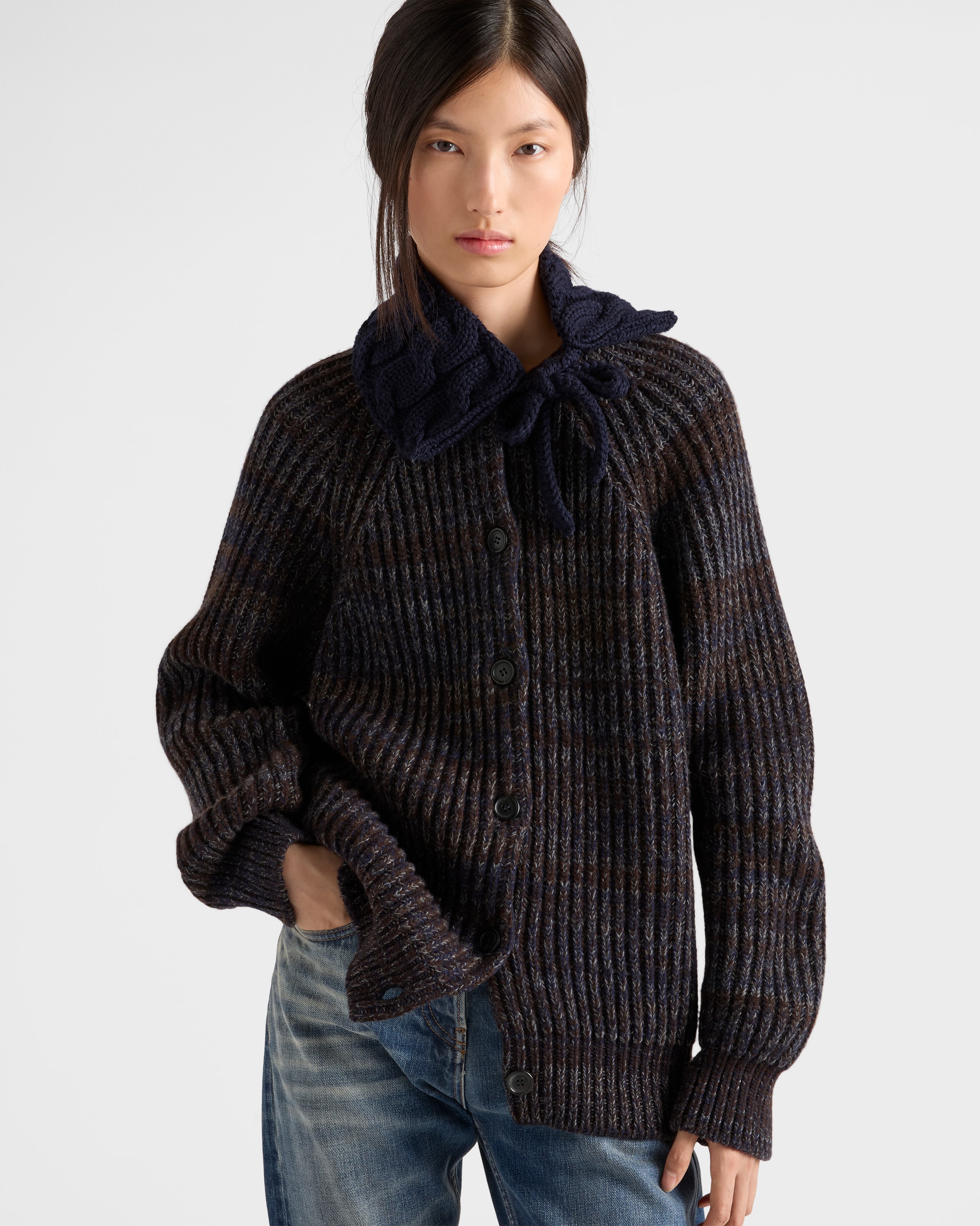 Prada Womens Brown Oversized-fit Ribbed-knit Wool And Cashmere-blend Cardigan In Black