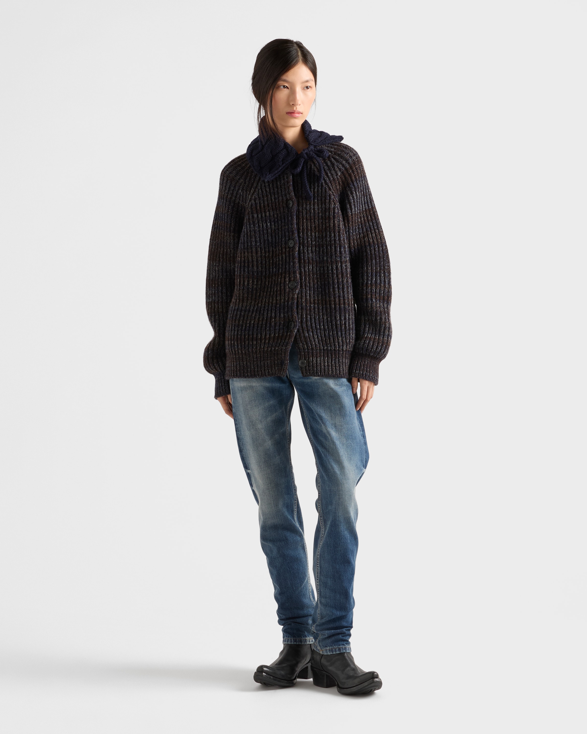 Prada Womens Brown Oversized-fit Ribbed-knit Wool And Cashmere-blend Cardigan In Black