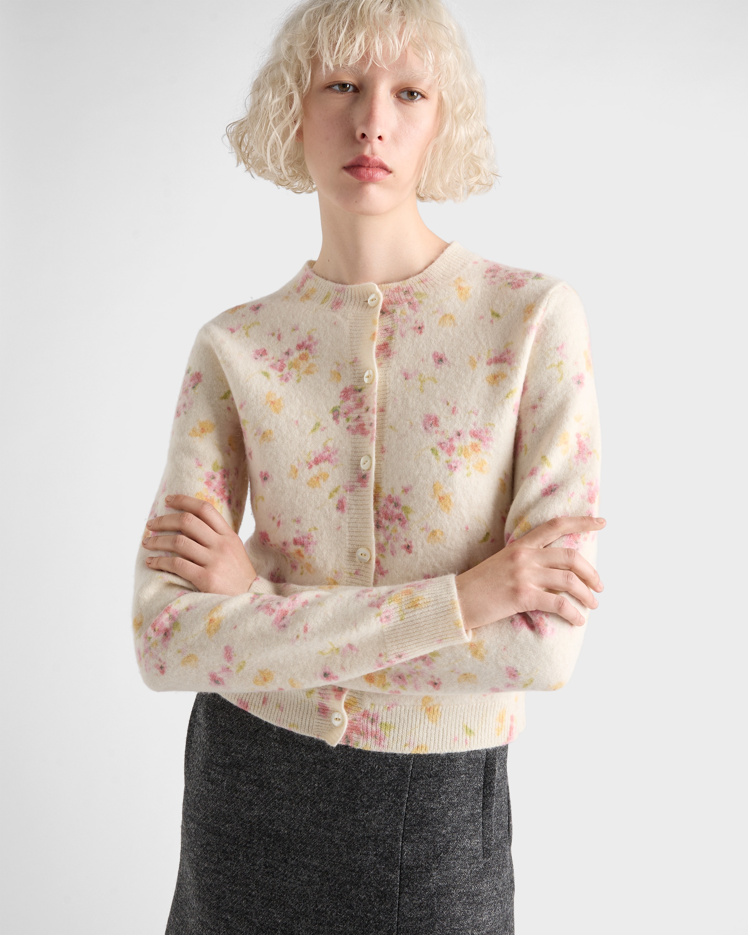 Begonia Pink Floral Print Wool Cardigan | PRADA