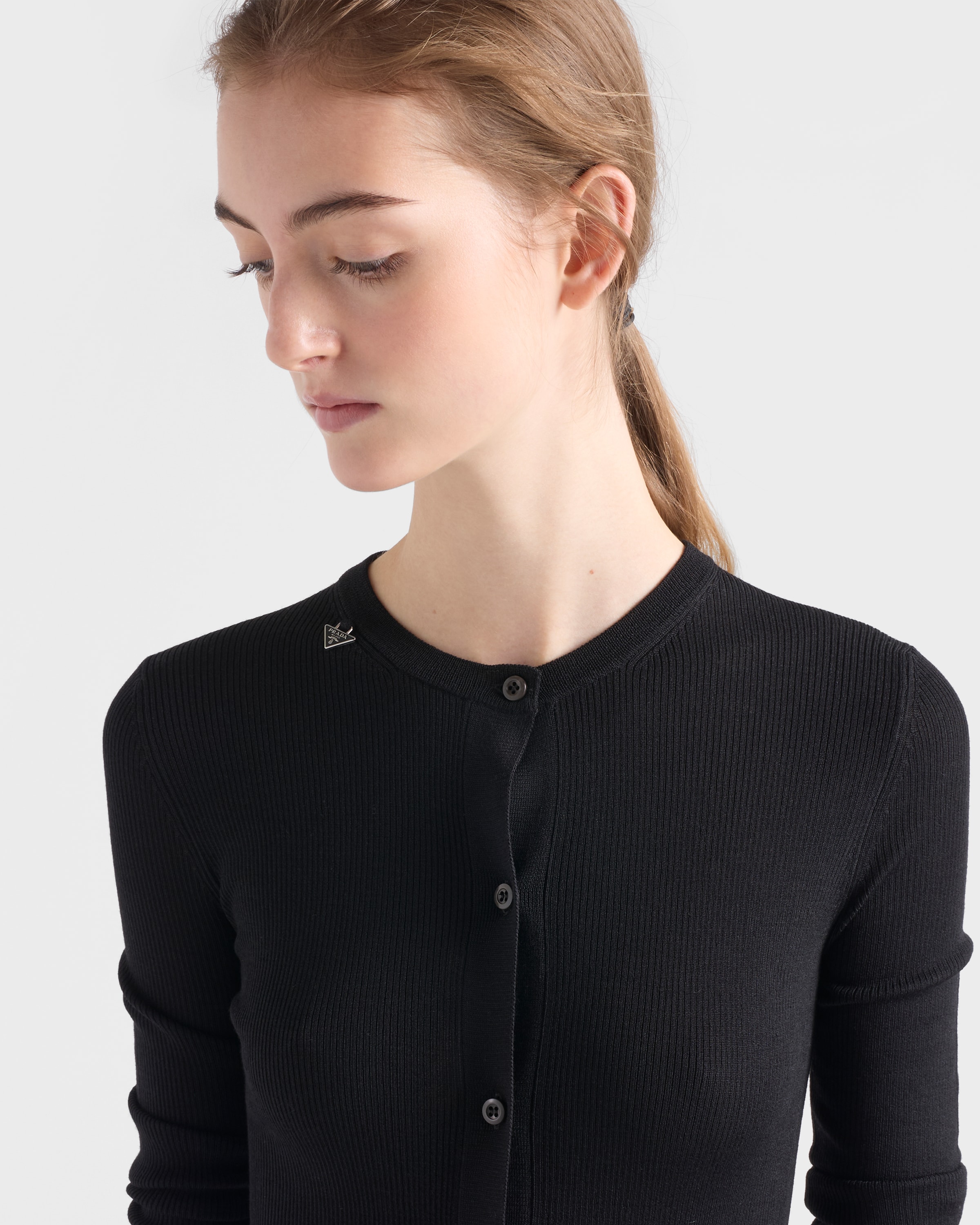 ブラック リブ編みウール カーディガン | PRADA