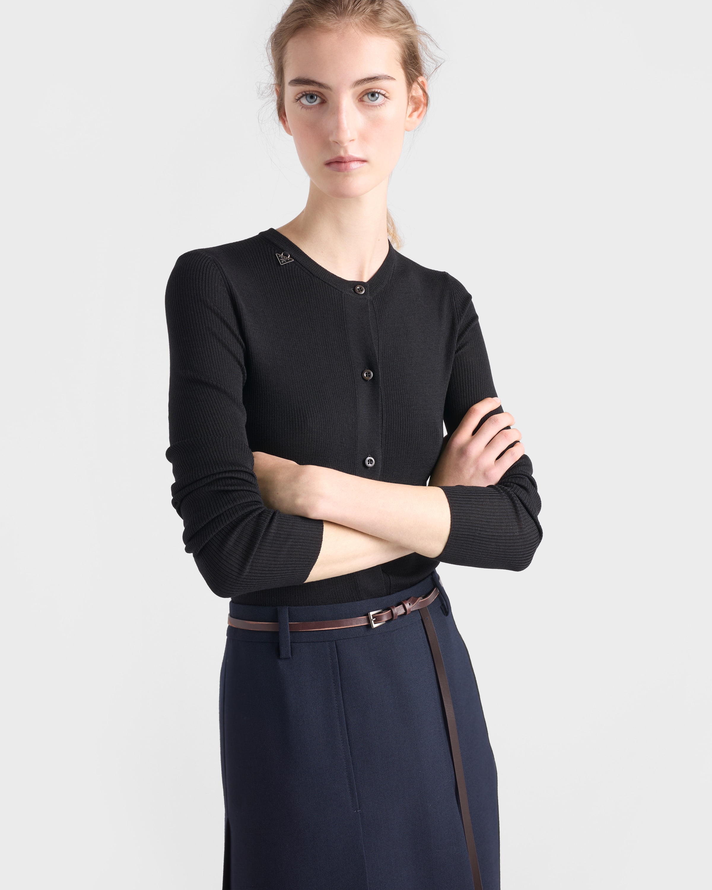 Black Ribbed knit wool cardigan | PRADA - Canada
