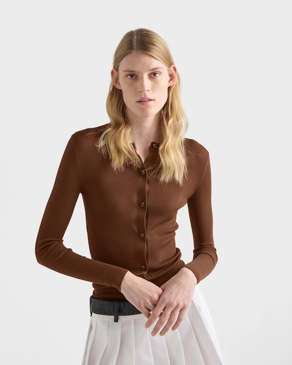 Ribbed knit wool cardigan - Tobacco Ribbed knit wool cardigan - Tobacco