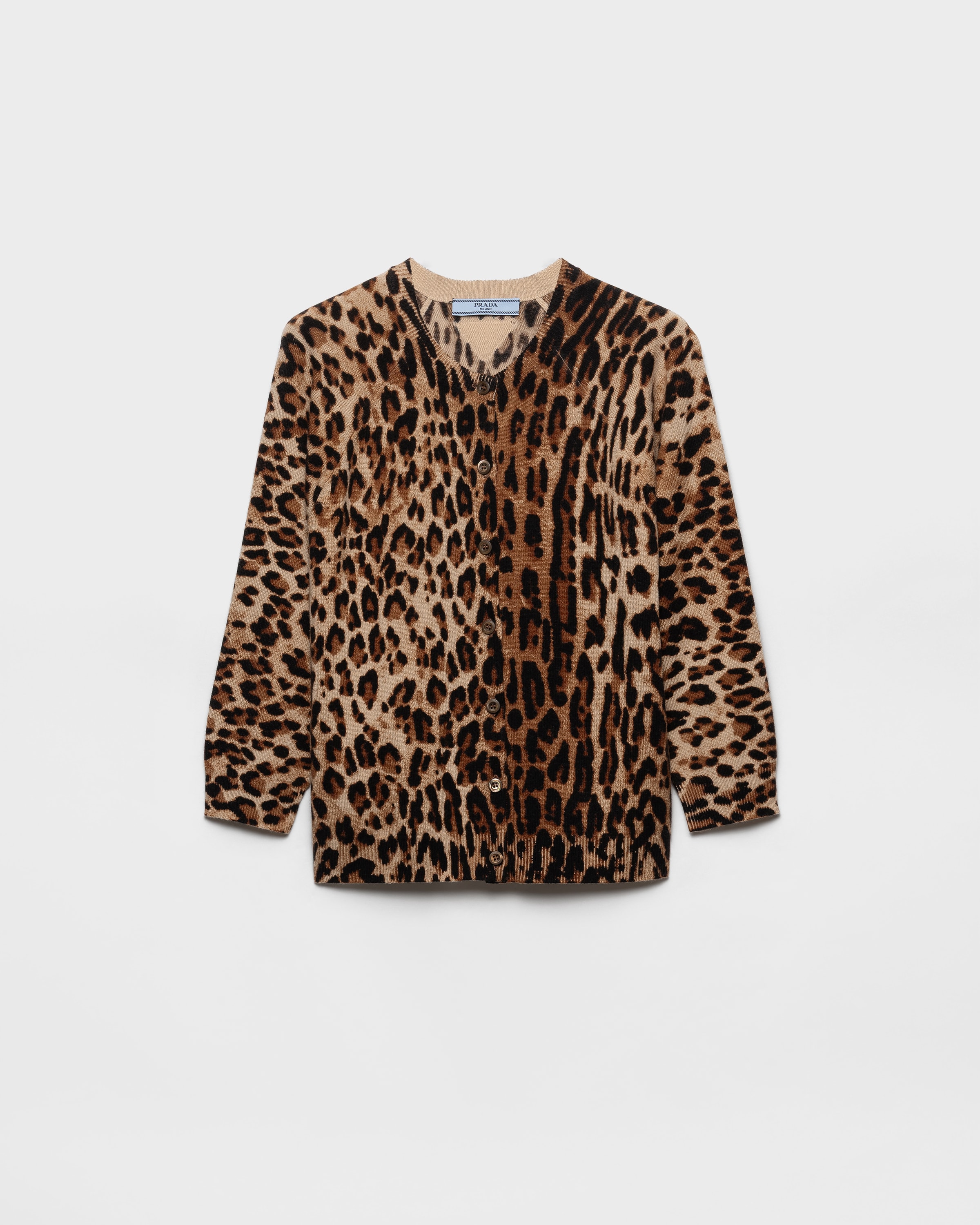 Camel Brown Printed Cashmere Cardigan | PRADA