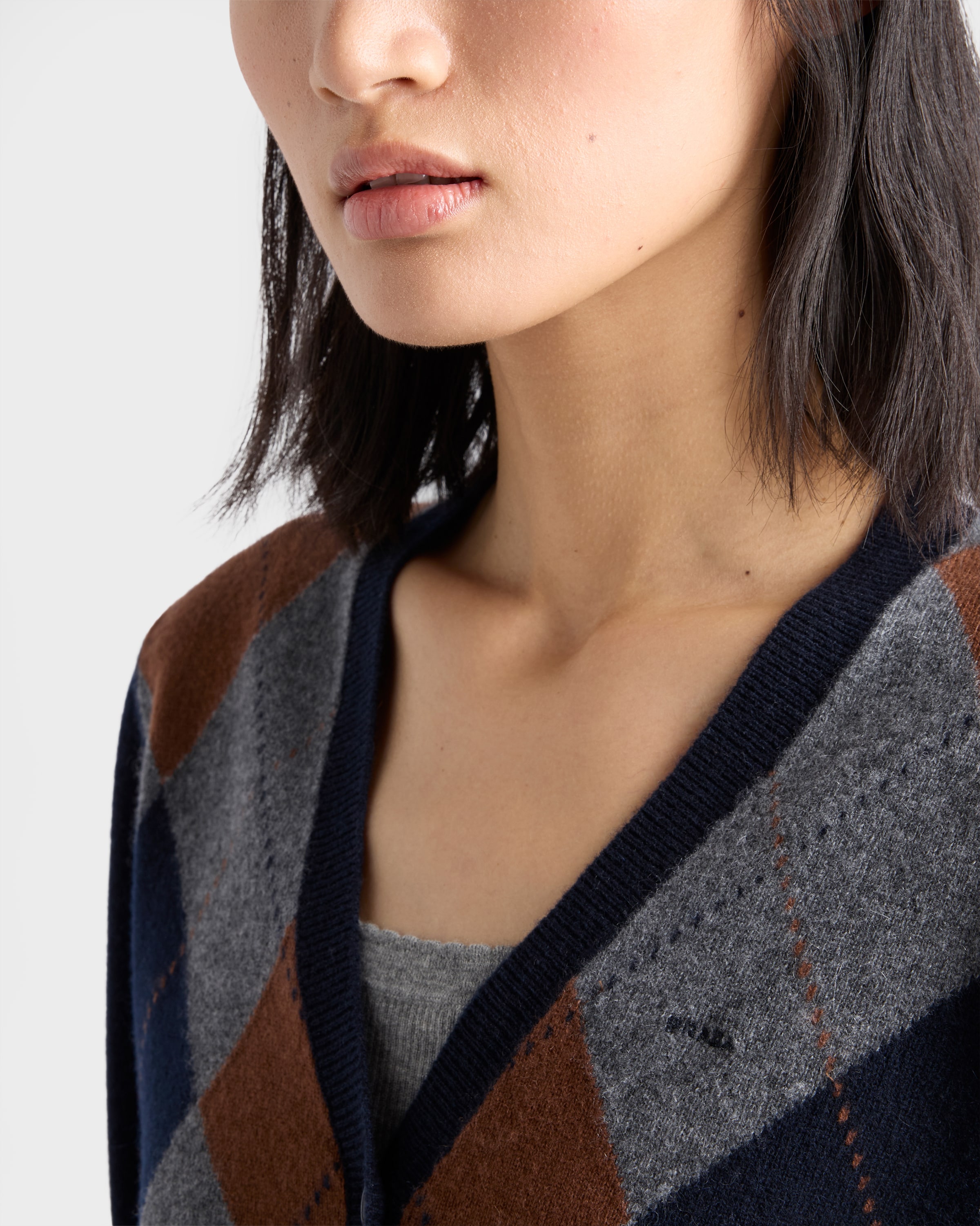 PRADA - check knit cardigan - 水色 Blue/slate Gray Argyle Cashmere Cardigan | PRADA - United States