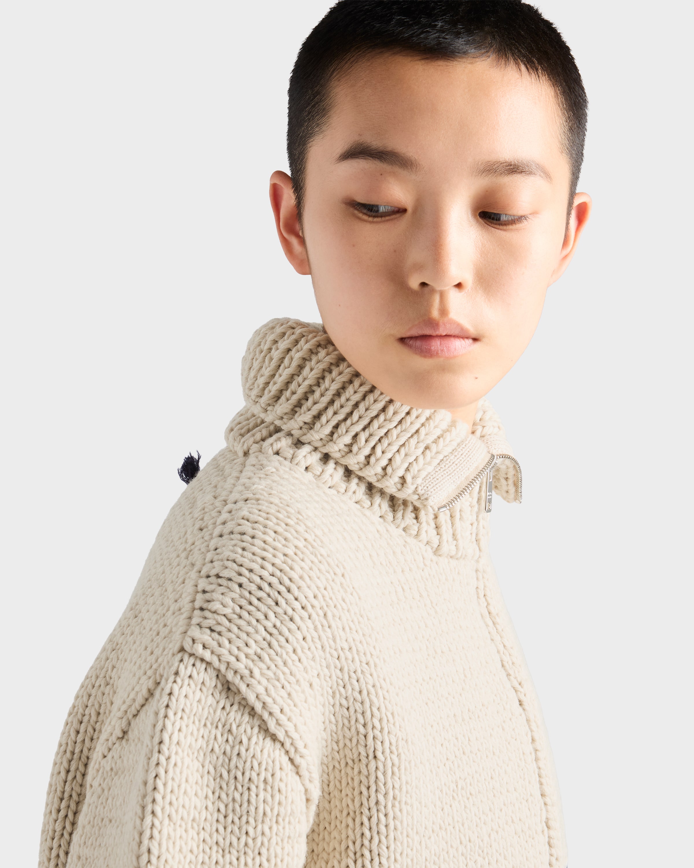Ivory/blue Wool Zipper Cardigan | PRADA - United States