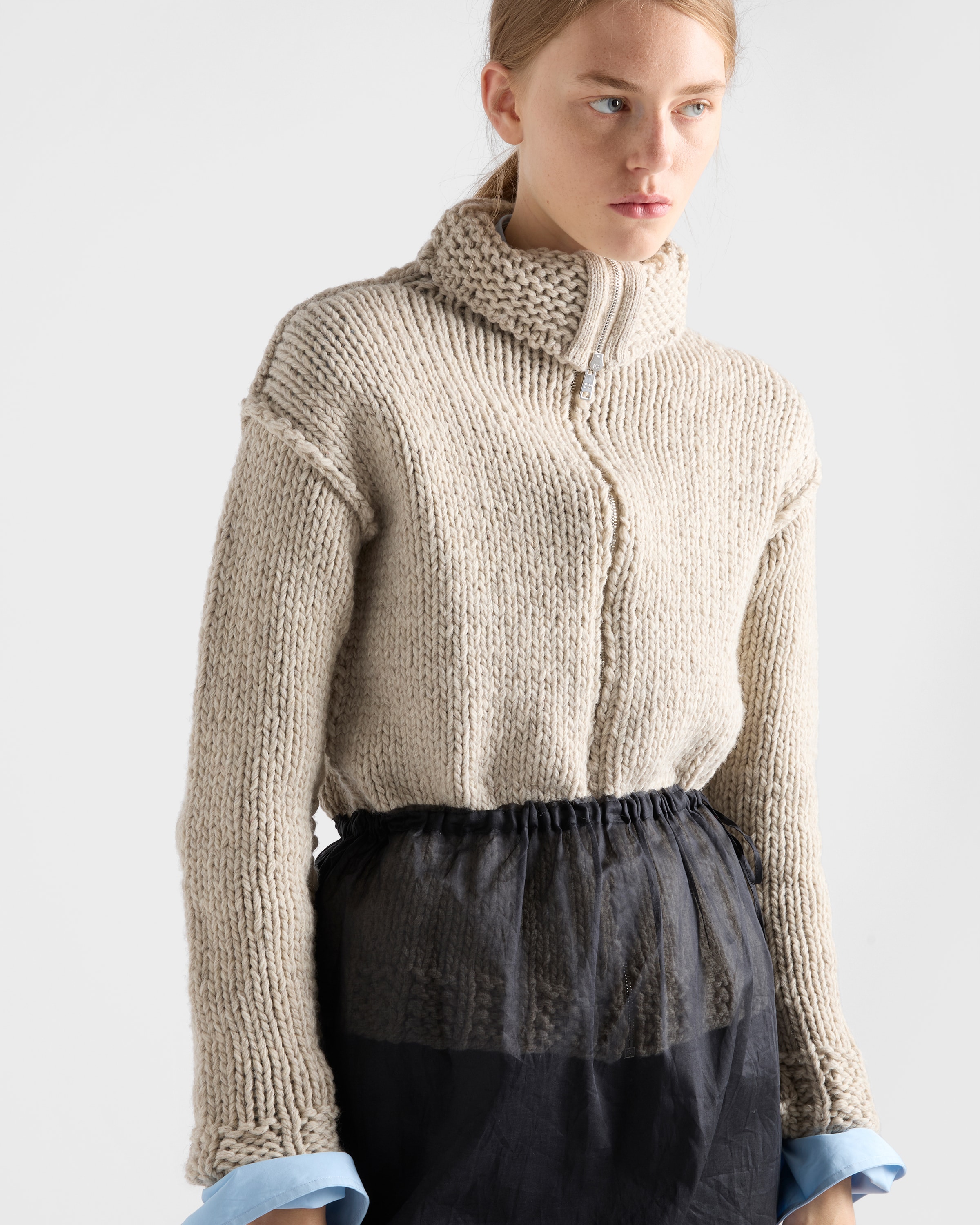 Ivory Wool Zipper Cardigan | PRADA - United States