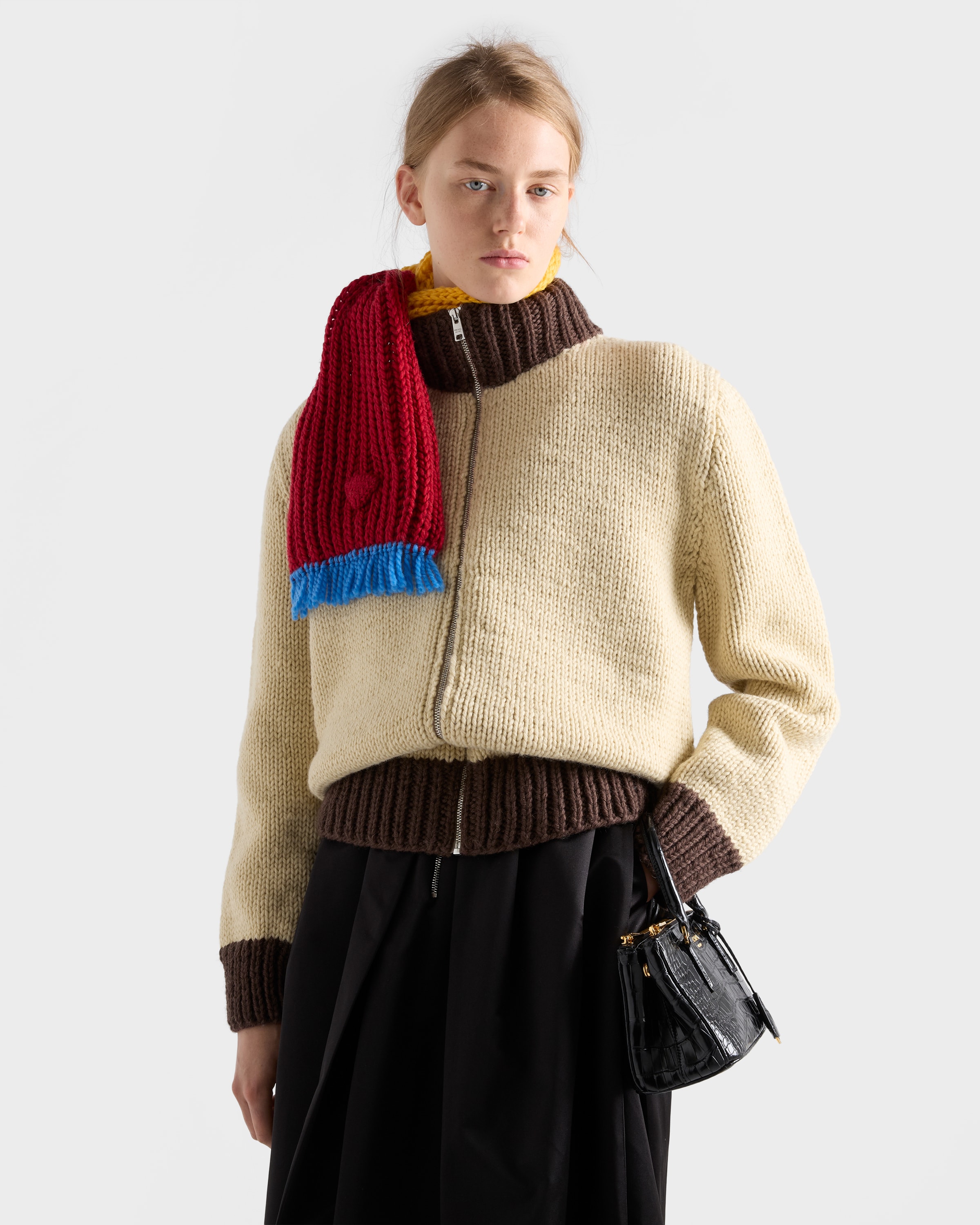 Cord/cocoa Brown Wool Zipper Cardigan | PRADA - United States