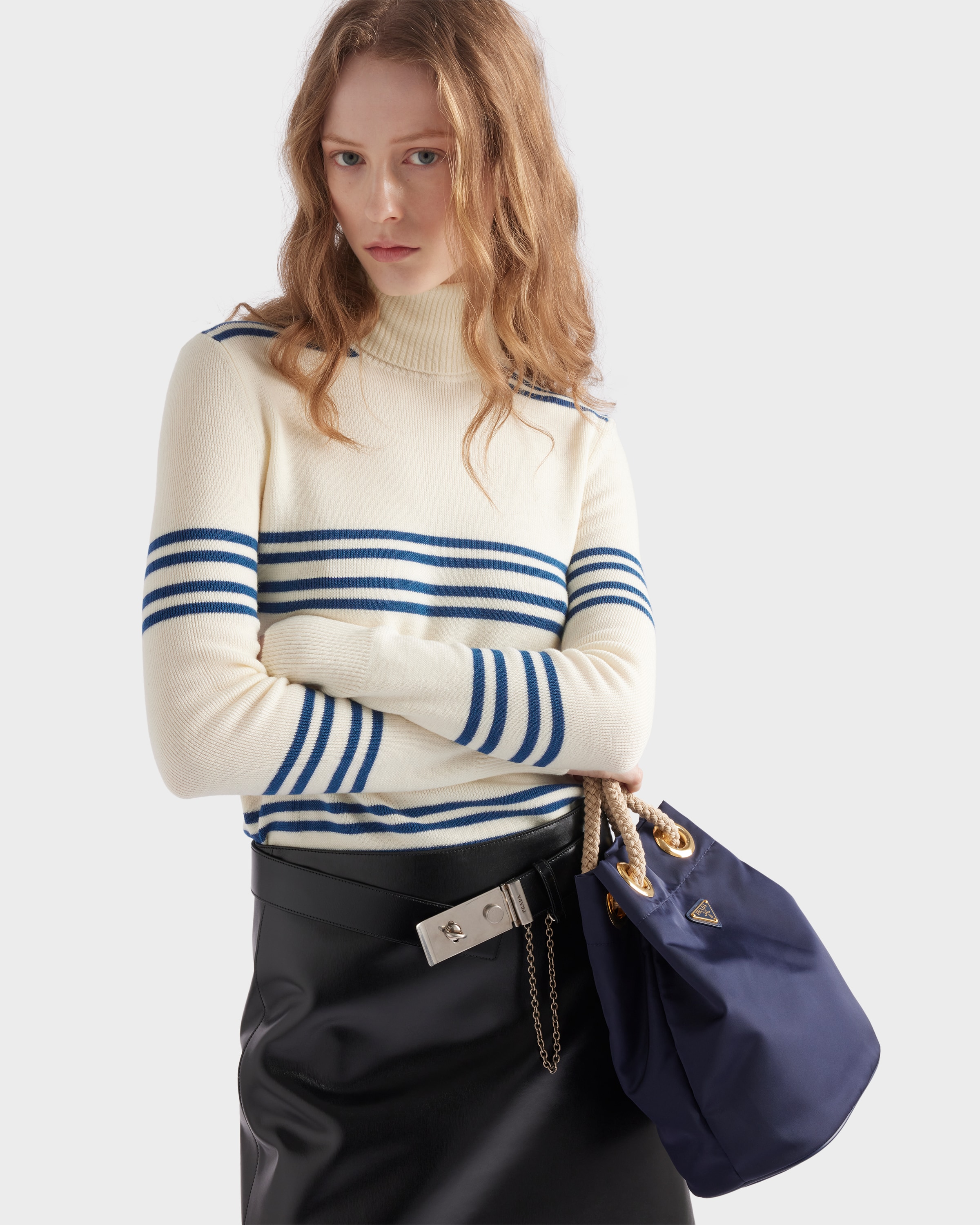 Prada Striped Wool Turtleneck Sweater In White