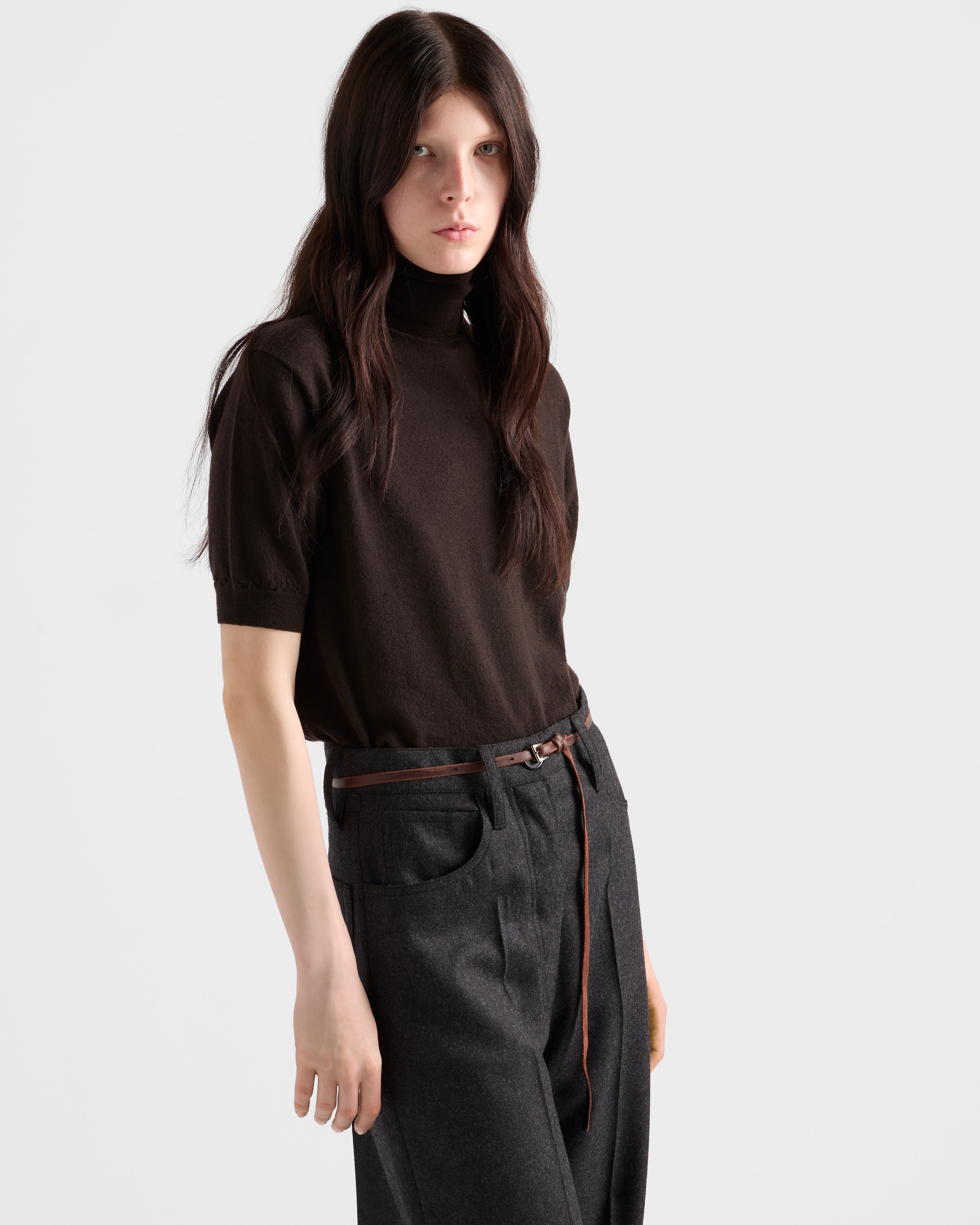 Prada Superfine Cashmere F 18 Short Sleeve Turtleneck In Brown