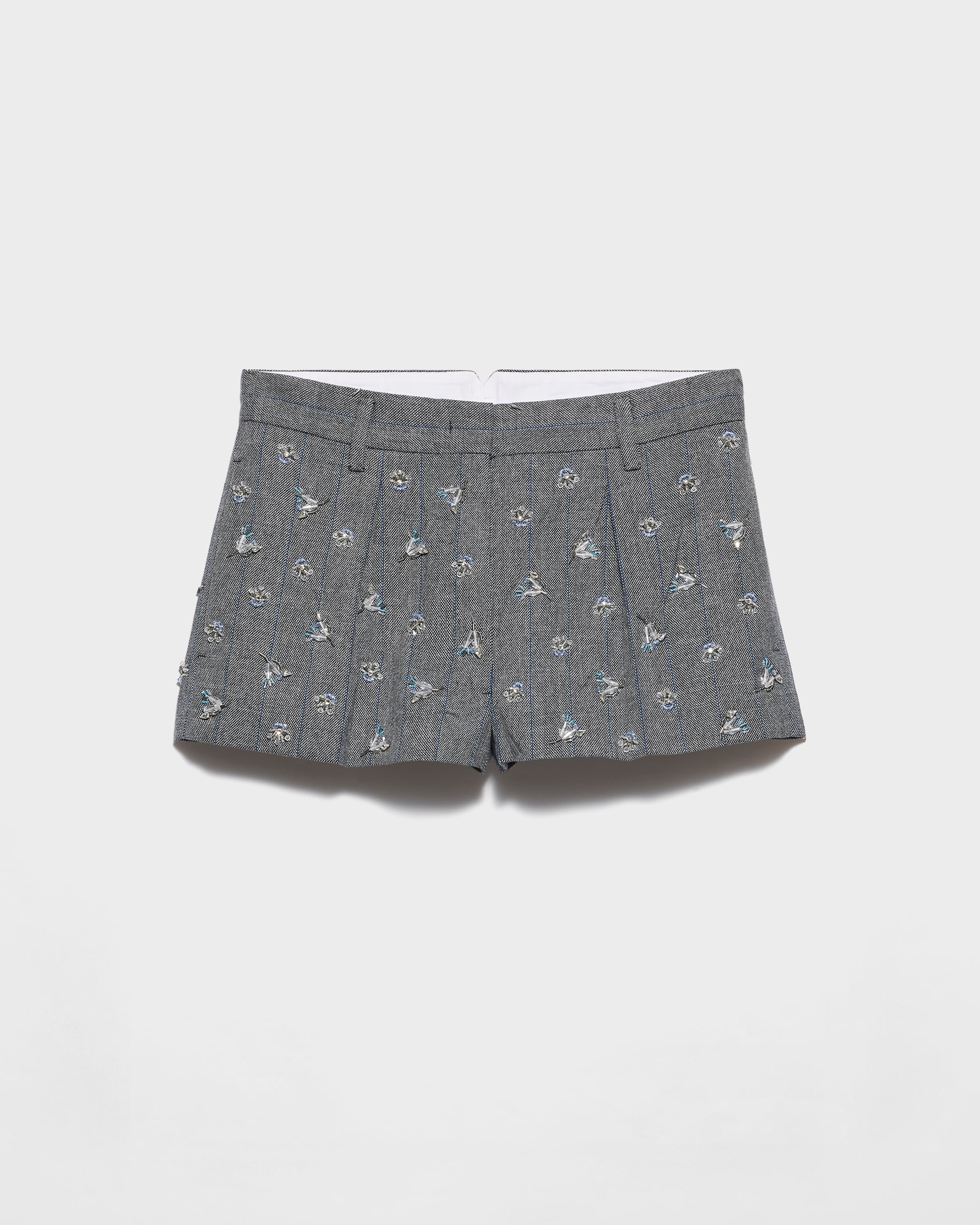 Anthracite Gray Embroidered Wool Pinstripe Shorts | PRADA