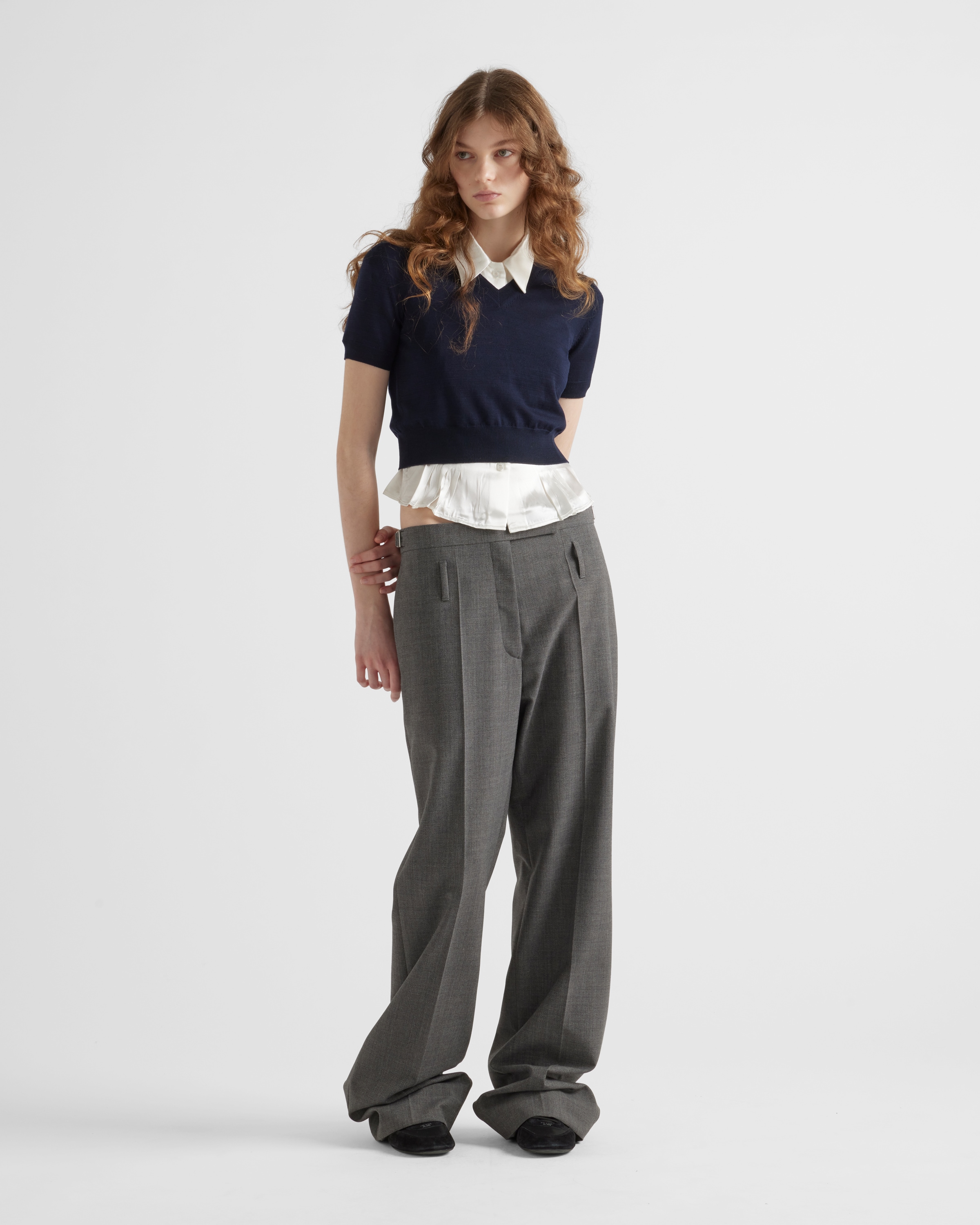 Slate Gray Technical wool pants with belt | PRADA