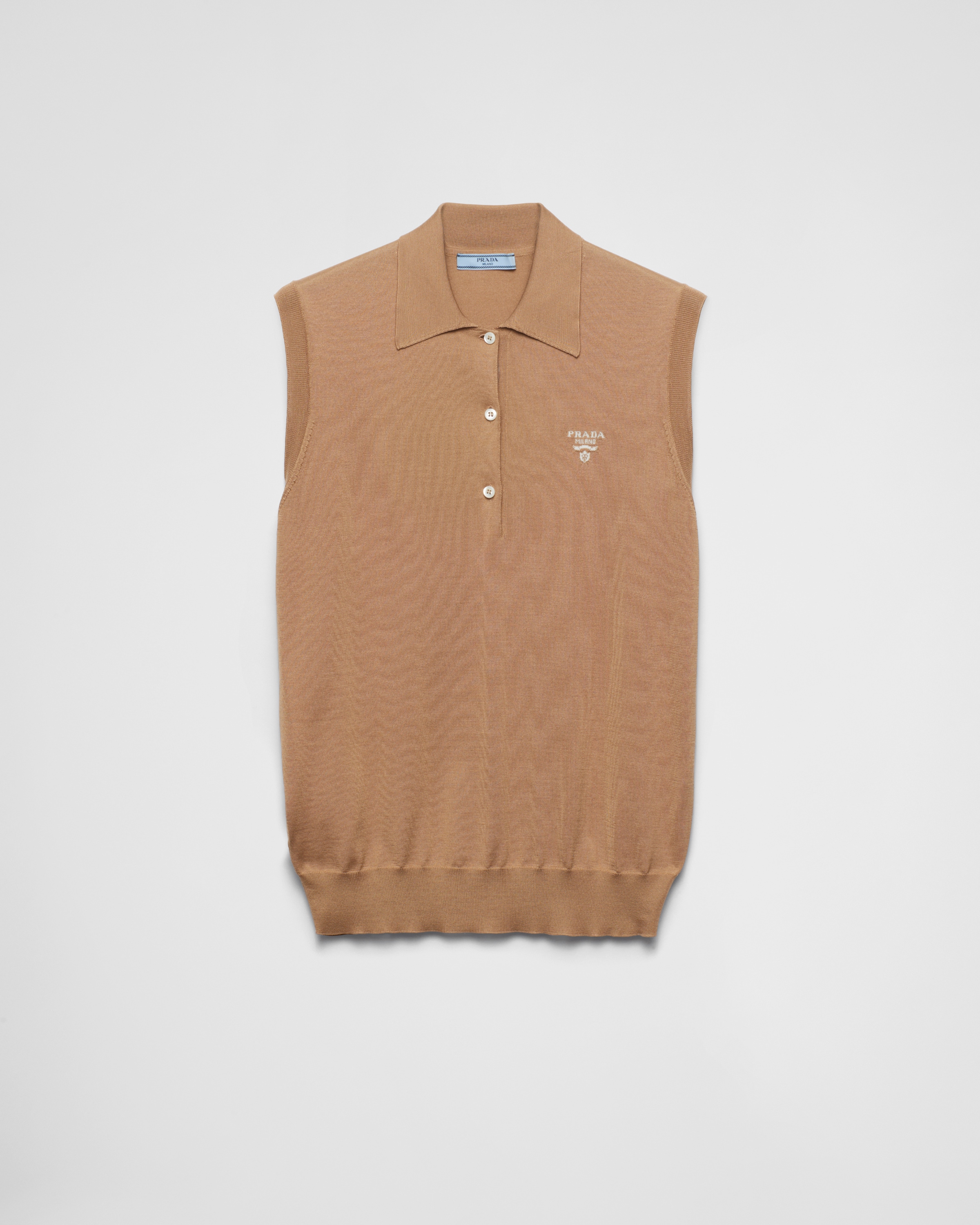 Shop Prada Ärmelloses Poloshirt Aus Seide In Camel Brown