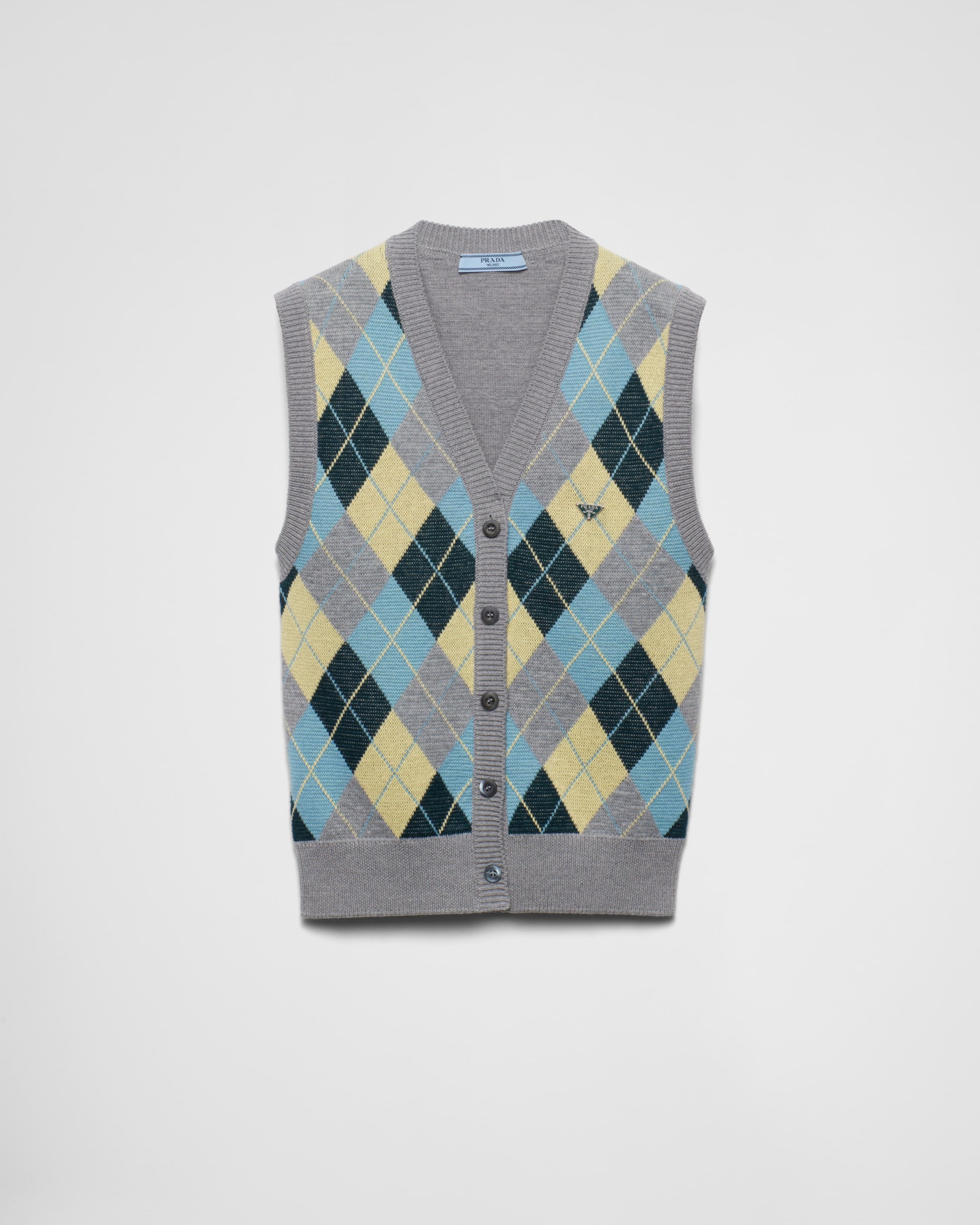 Prada Jacquard Argyle Superfine Wool Vest In Grey
