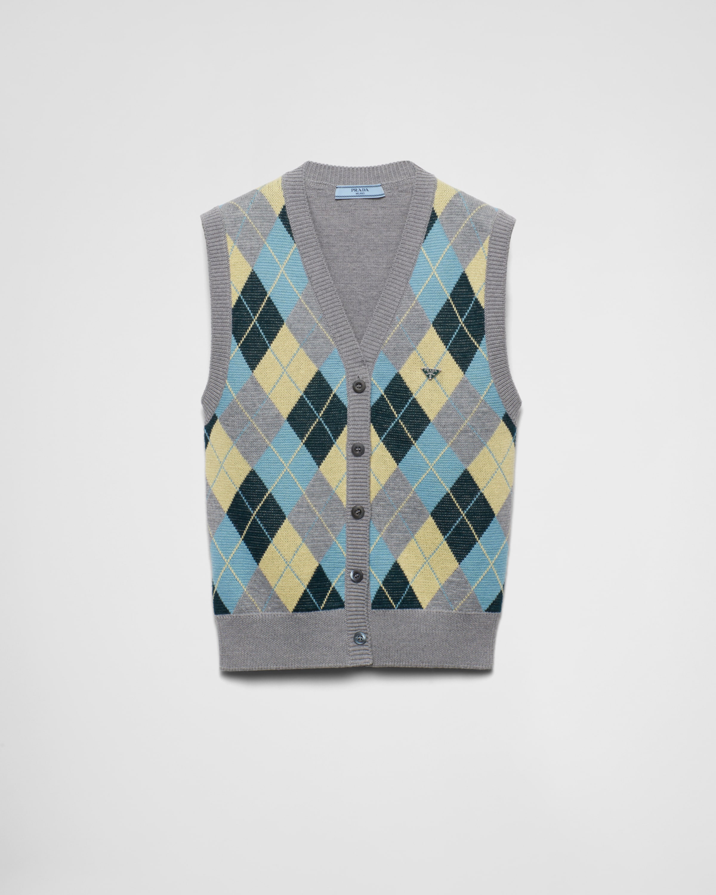 Shop Prada Wool Vest With An Argyle Pattern In Grey