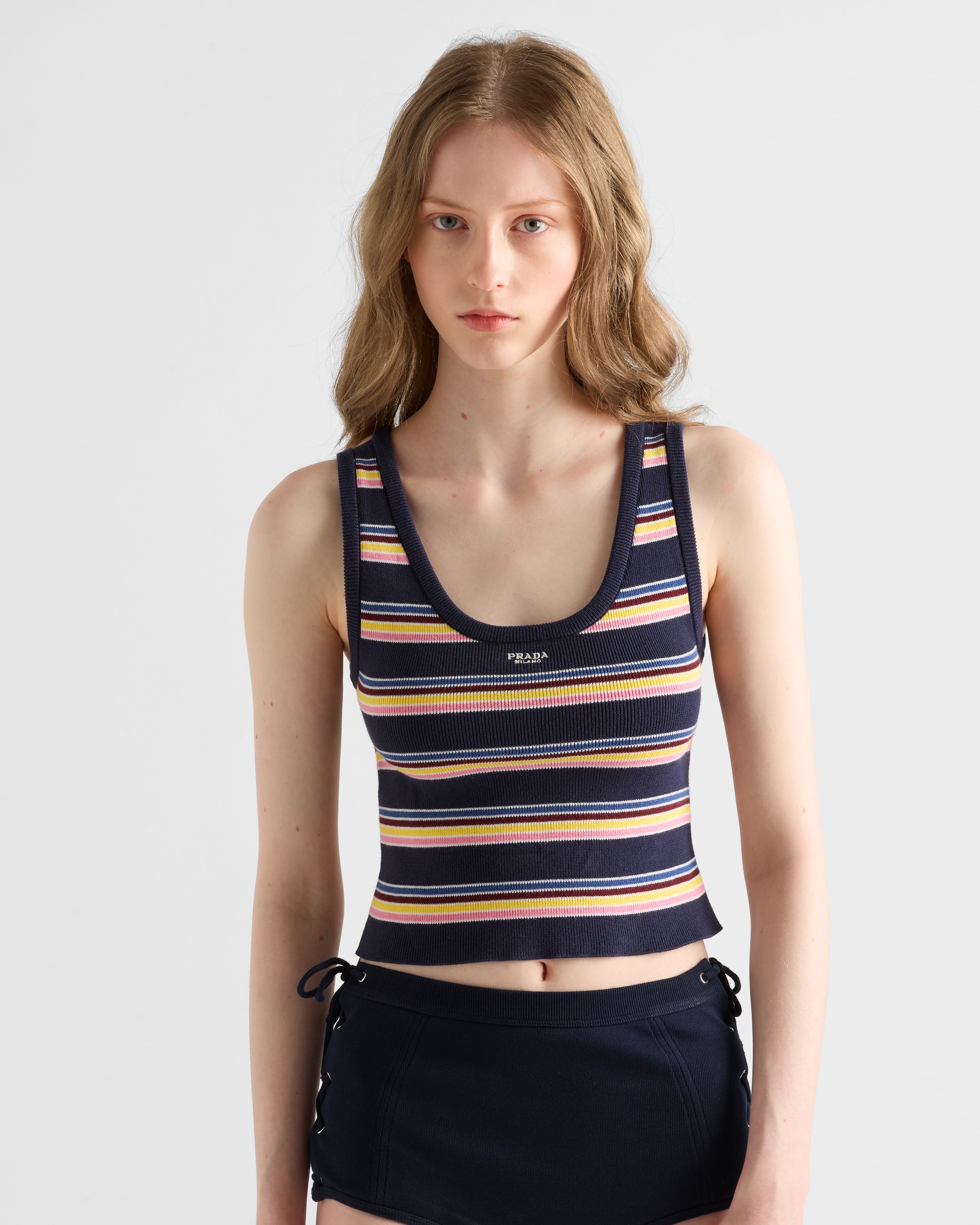 Prada Fitted Scoop Neck Top With Vibrant Striped Pattern In Blau