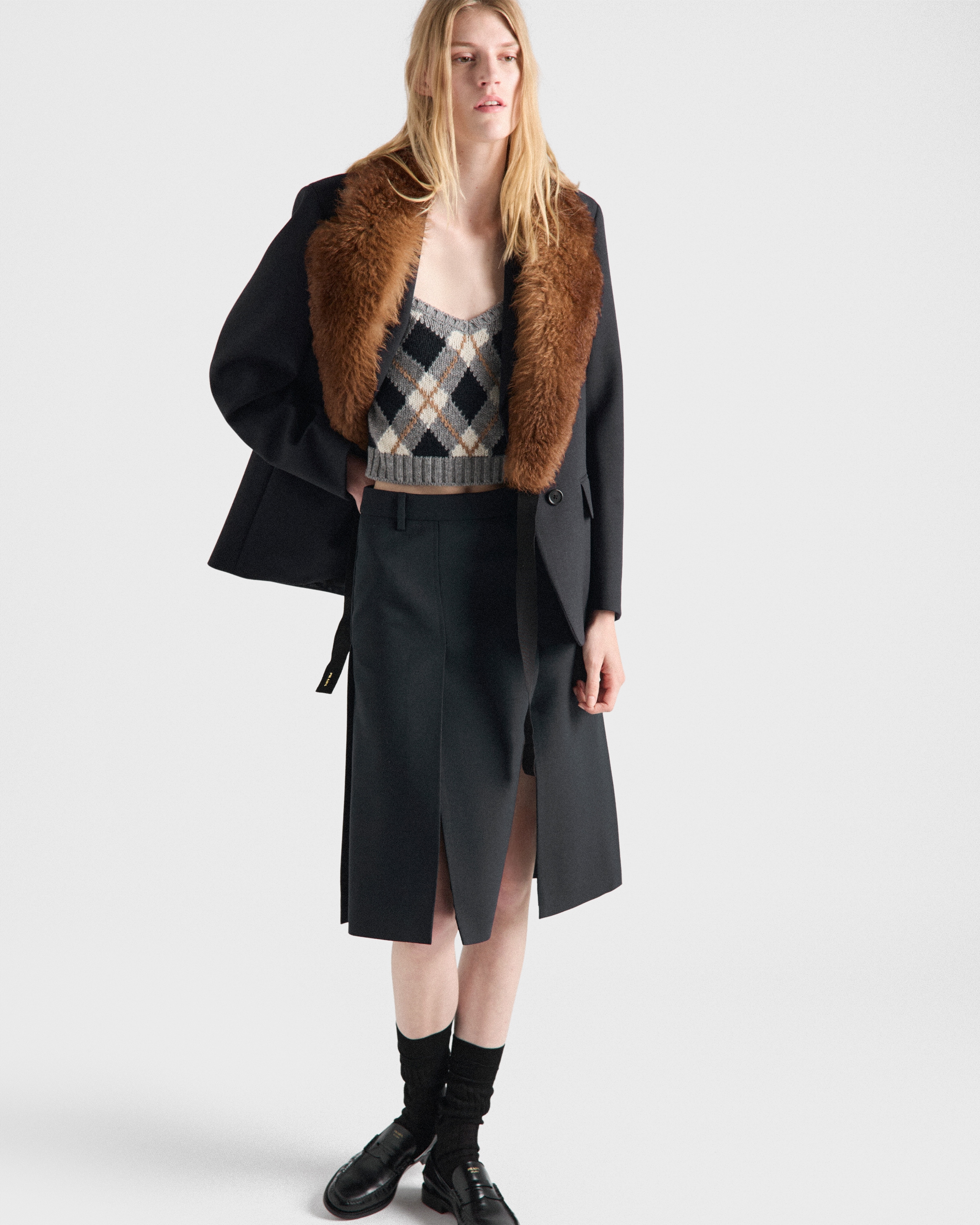 Prada Argyle Knit Cashmere Top In Gray