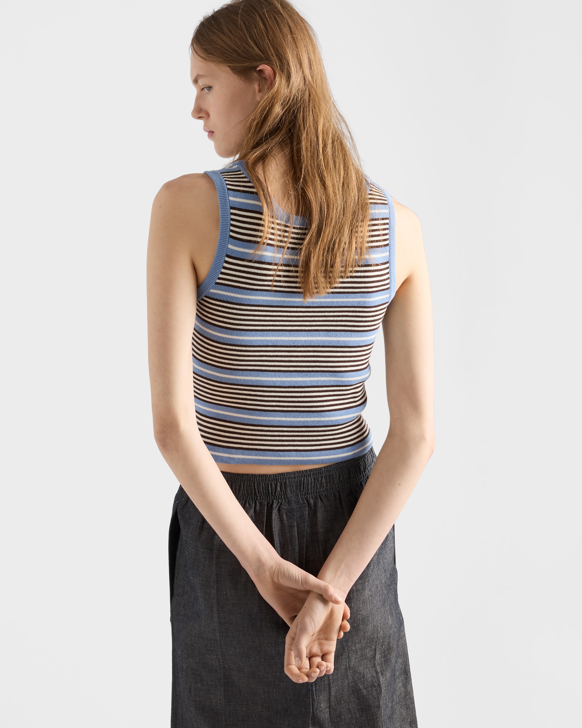 Light Blue/White Cotton knit tank top | PRADA - United States