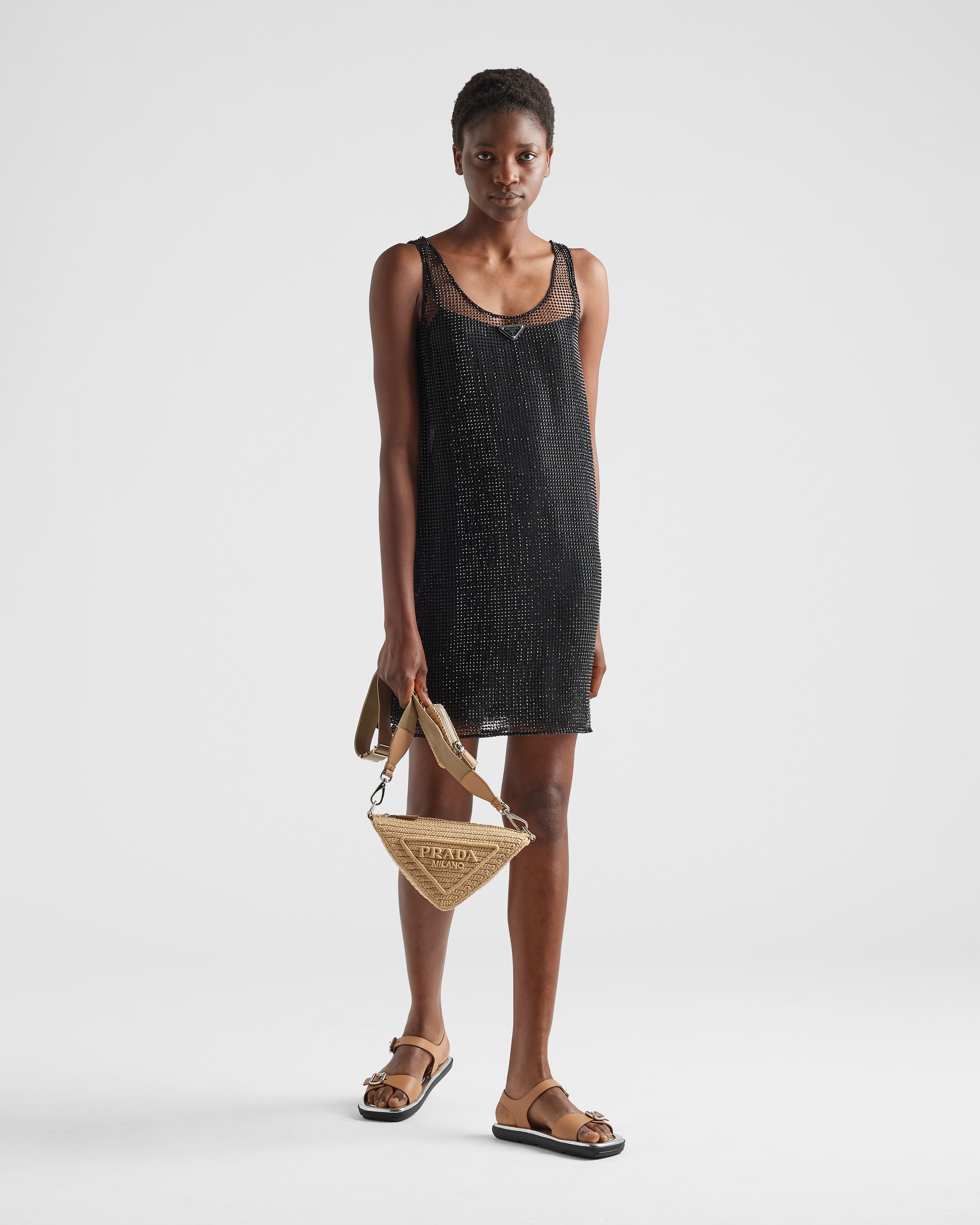 Black Rhinestone Embroidered Mesh Mini dress PRADA