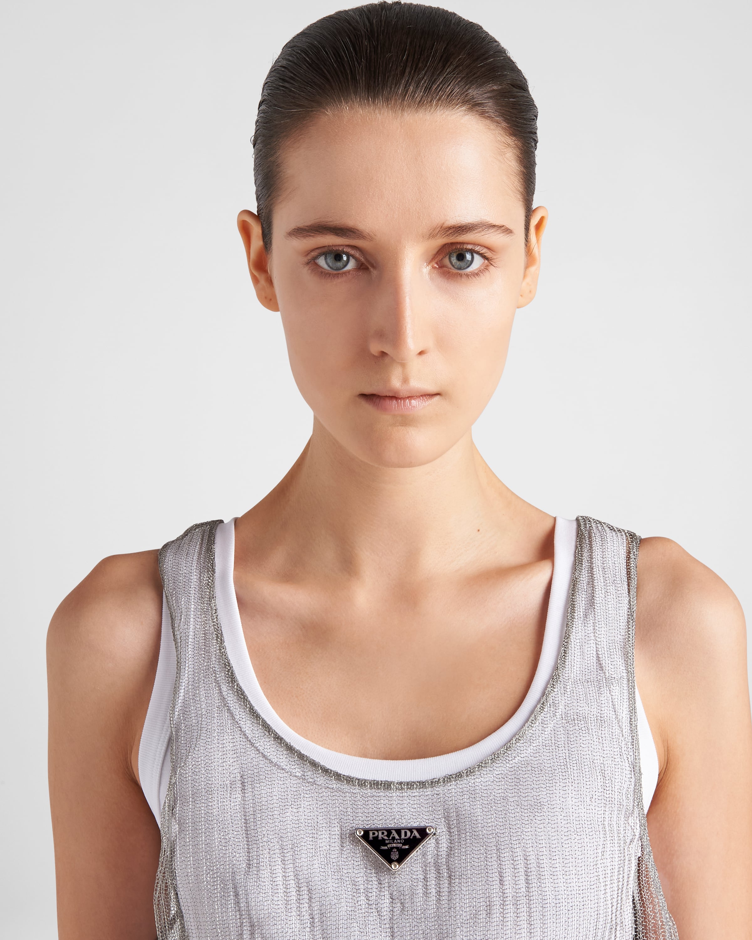 Steel/orange Embroidered mesh dress Prada