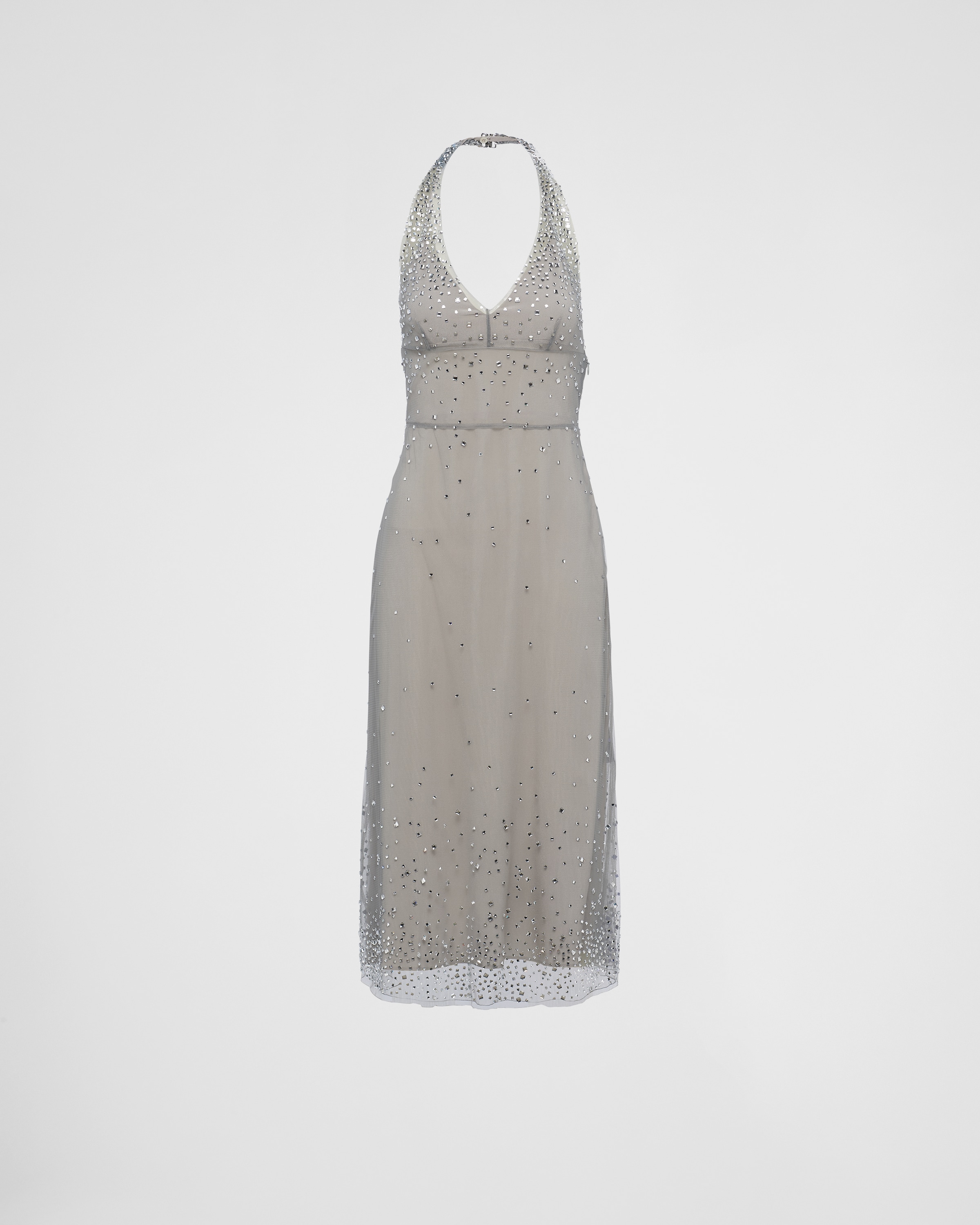 Prada Crystal-embellished Tulle Halterneck In Granite Gray