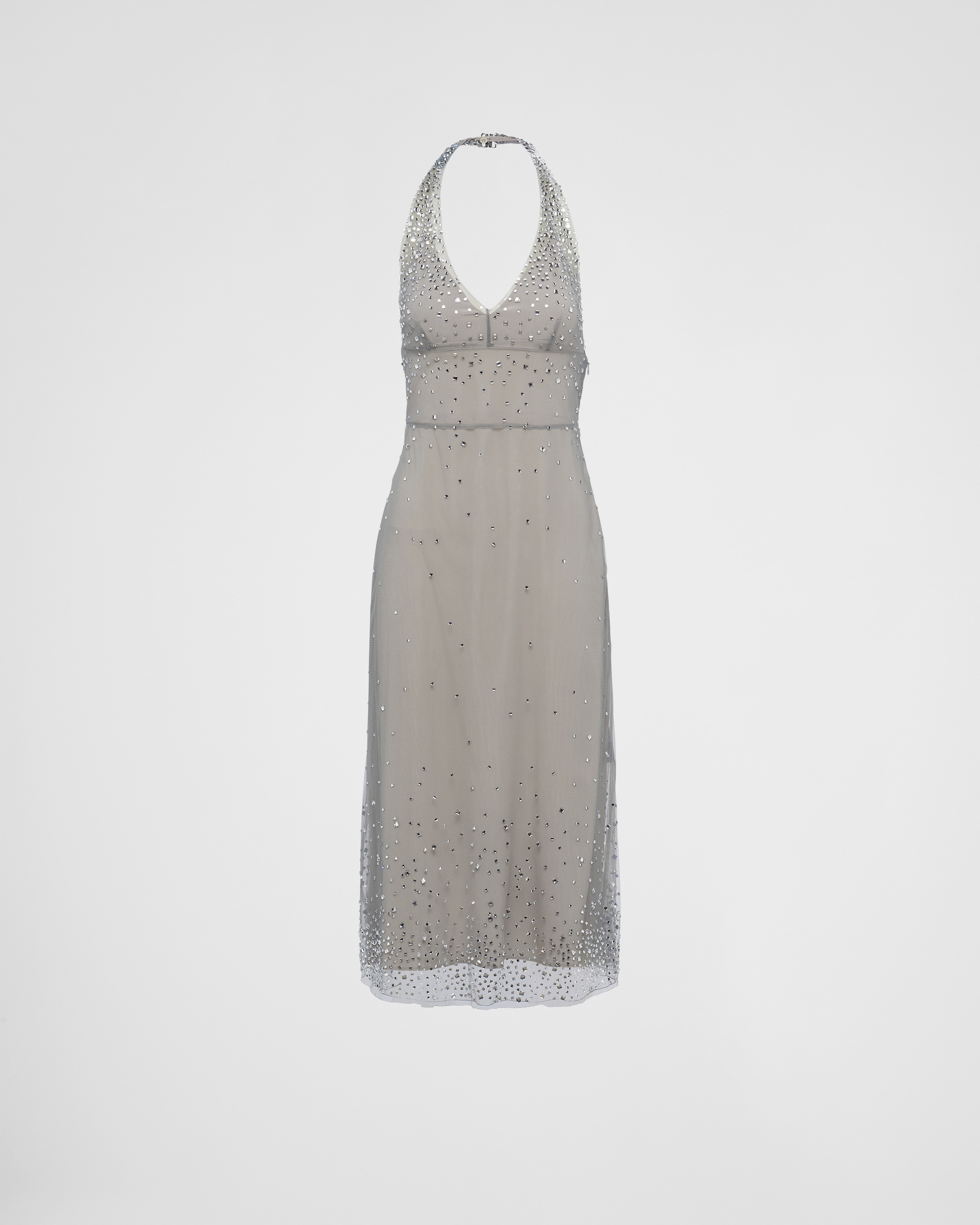 Shop Prada Embroidered Tulle Halter Dress In Granite Gray