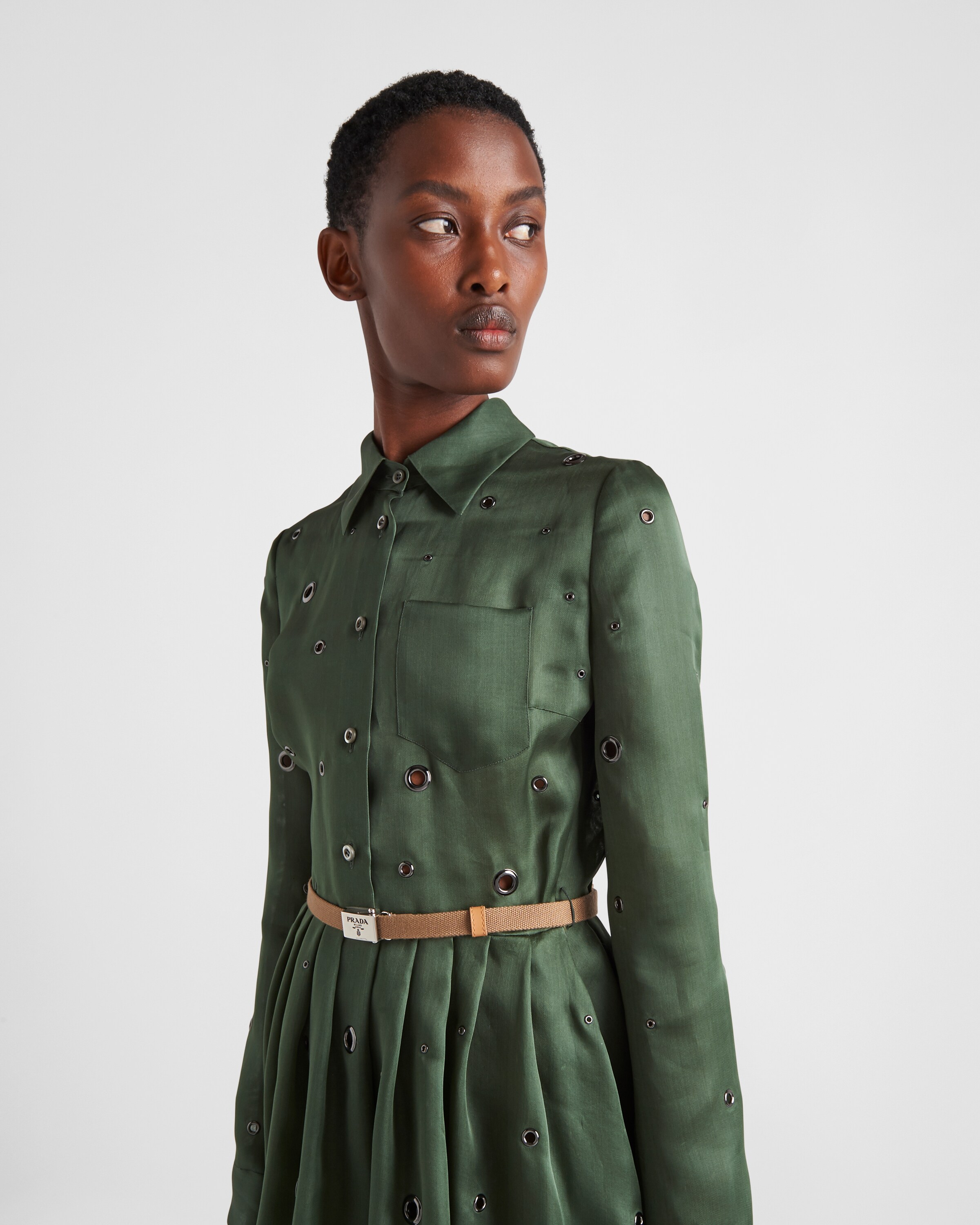 Shop Prada Organza Dress With Grommet Embellishment In Green