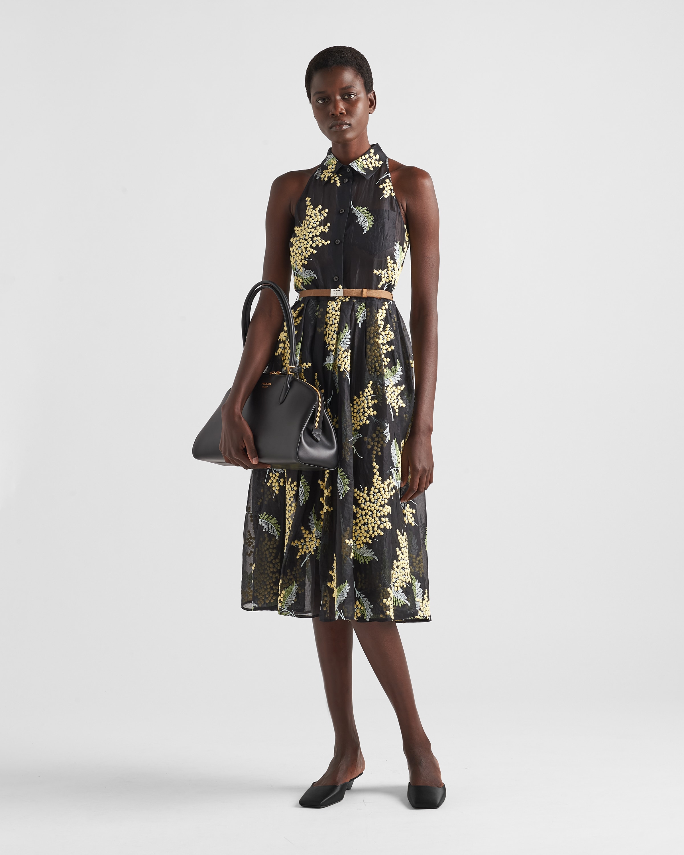 Shop Prada Embroidered Organza Dress In Black