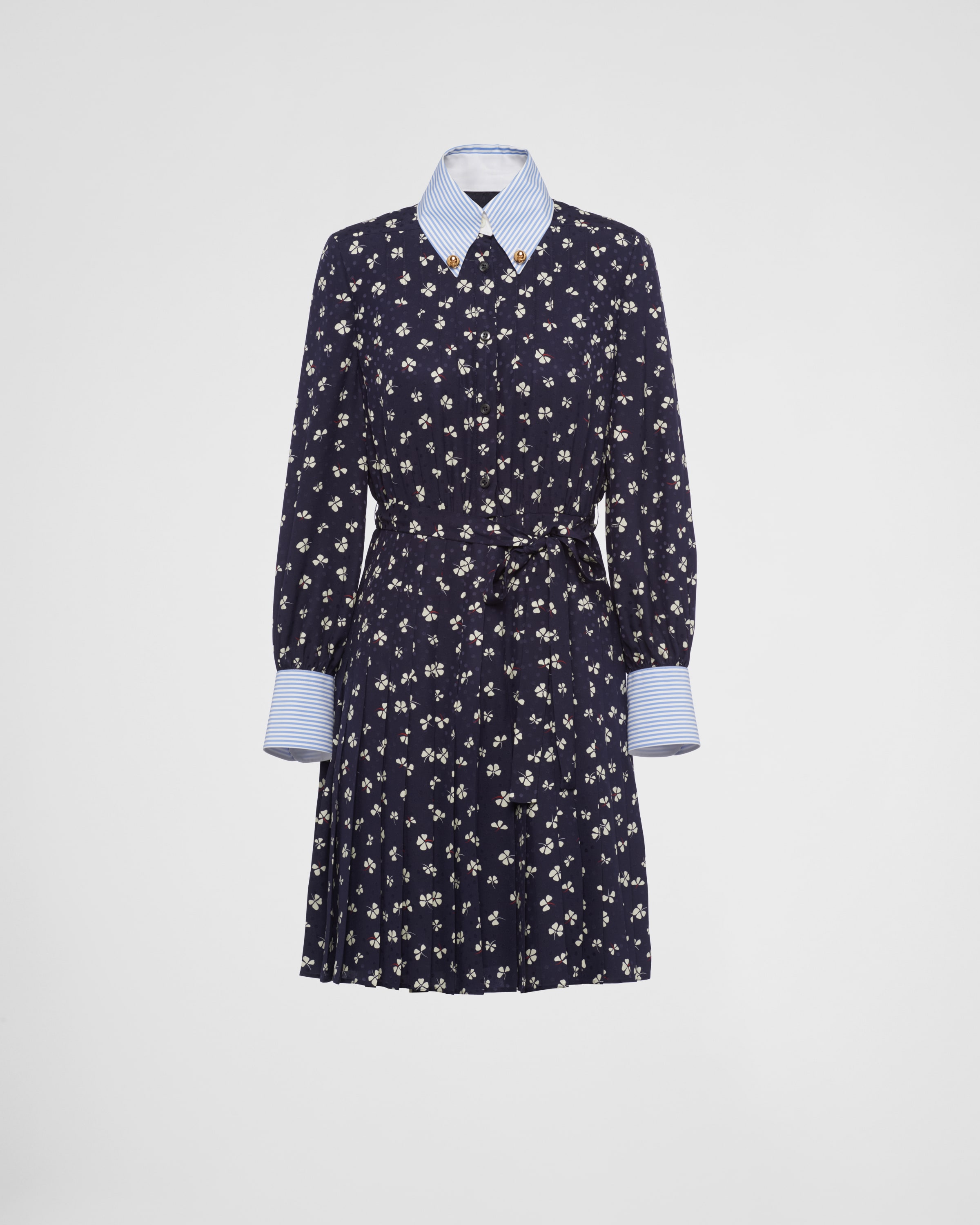 Prada Jacquard Flower Pleated Belted Mini Dress In Navy