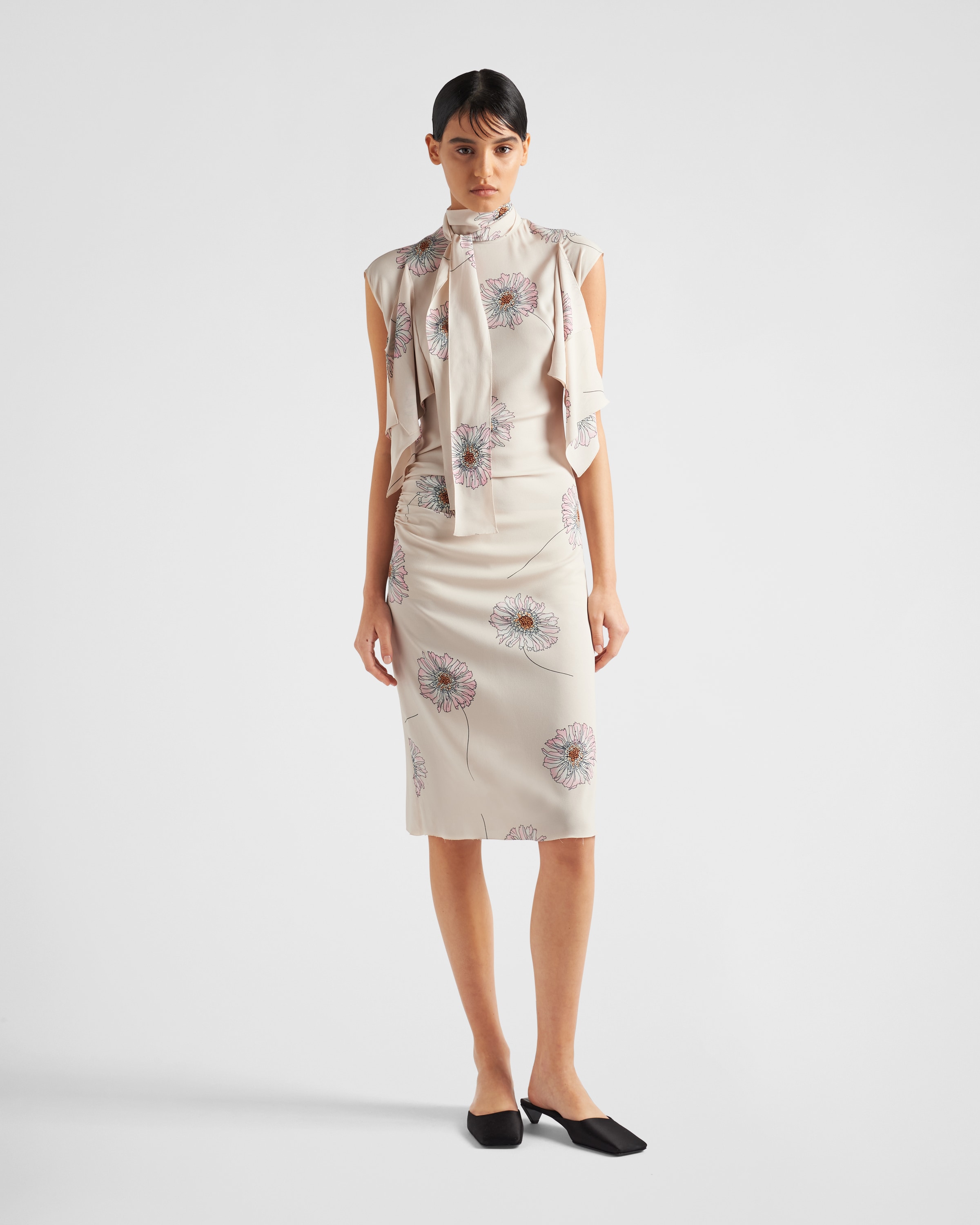 Shop Prada Printed Sablé Dress With Scarf Collar In Cameo