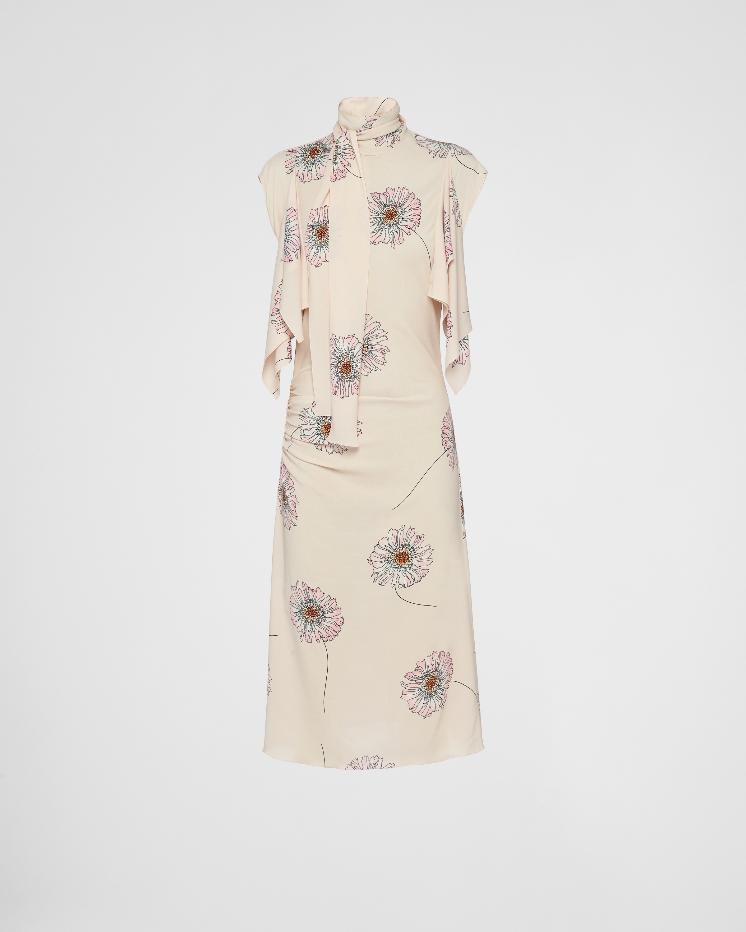 Prada Printed Sablé Dress With Scarf Collar In Cameo