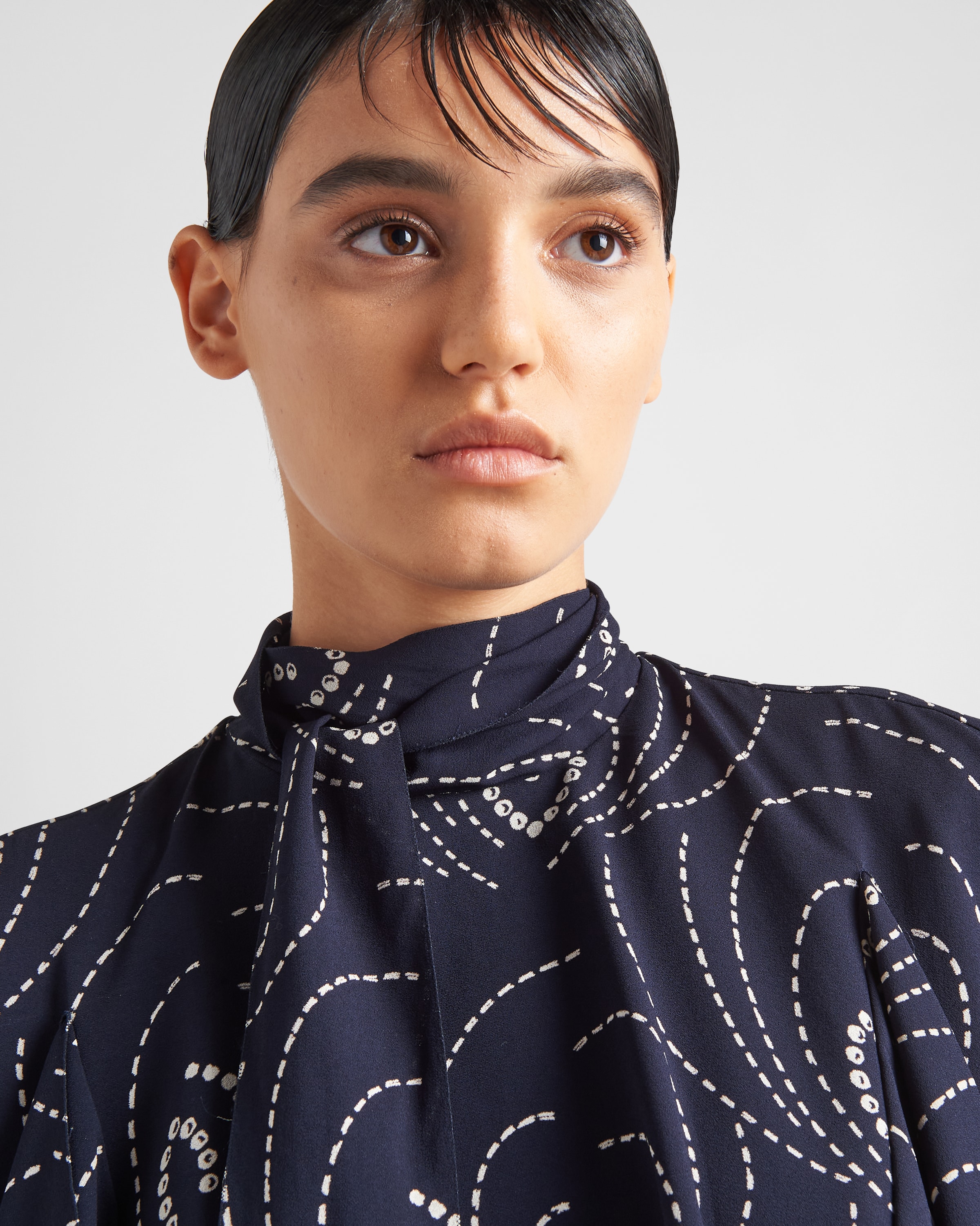 Shop Prada Printed Sablé Mini-dress With Scarf Collar In Navy