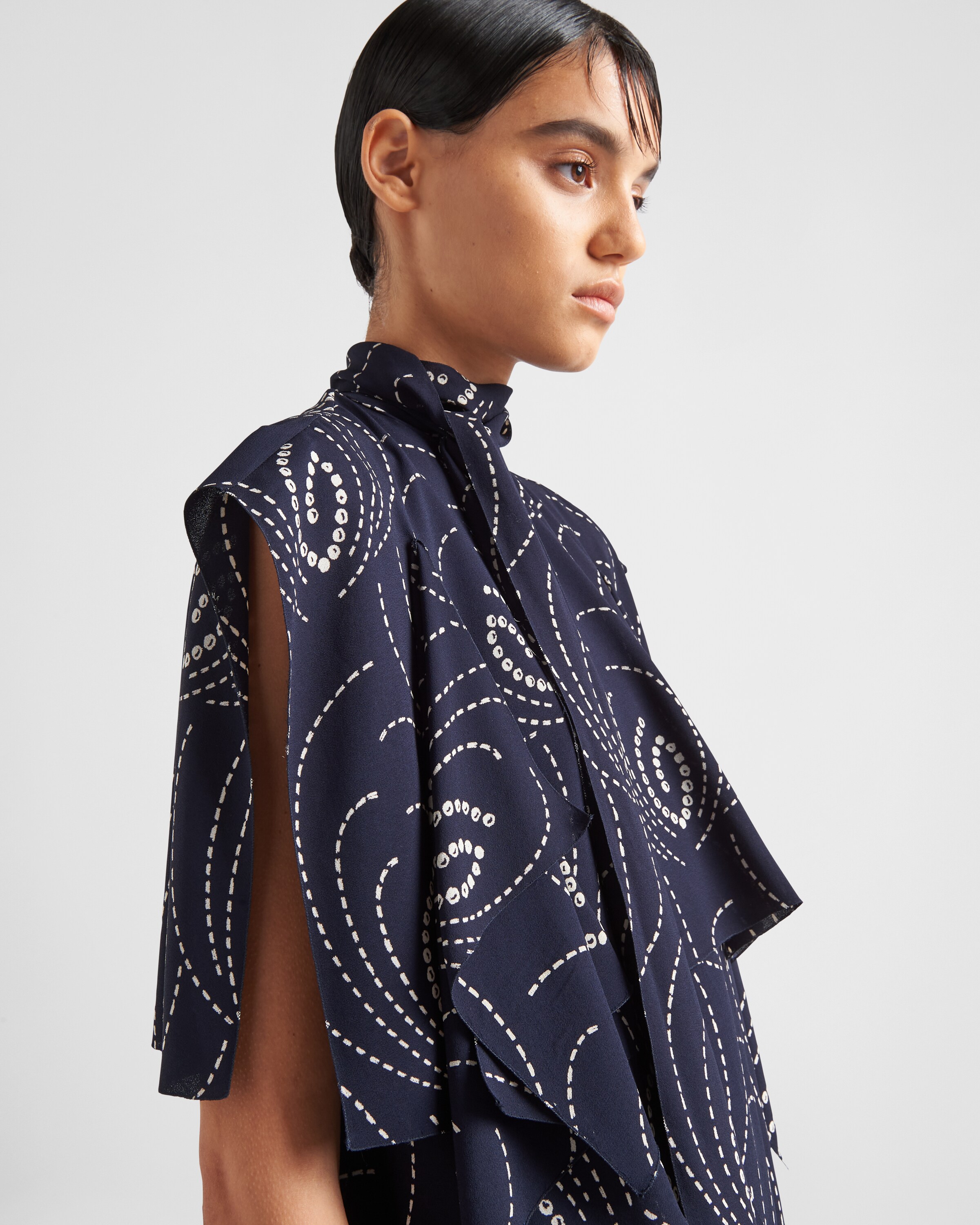 Navy Printed sablé mini-dress with scarf collar | PRADA