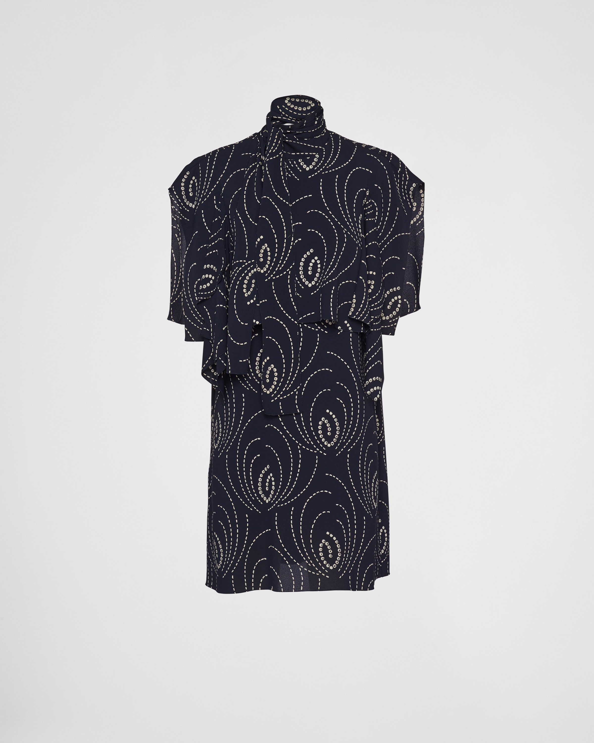 Prada Printed Sablé Mini-dress With Scarf Collar In Navy