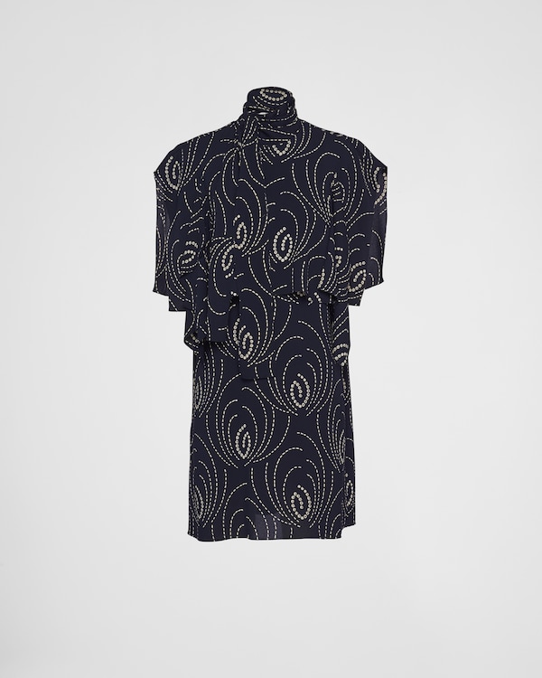 Navy Printed sablé mini-dress with scarf collar | PRADA