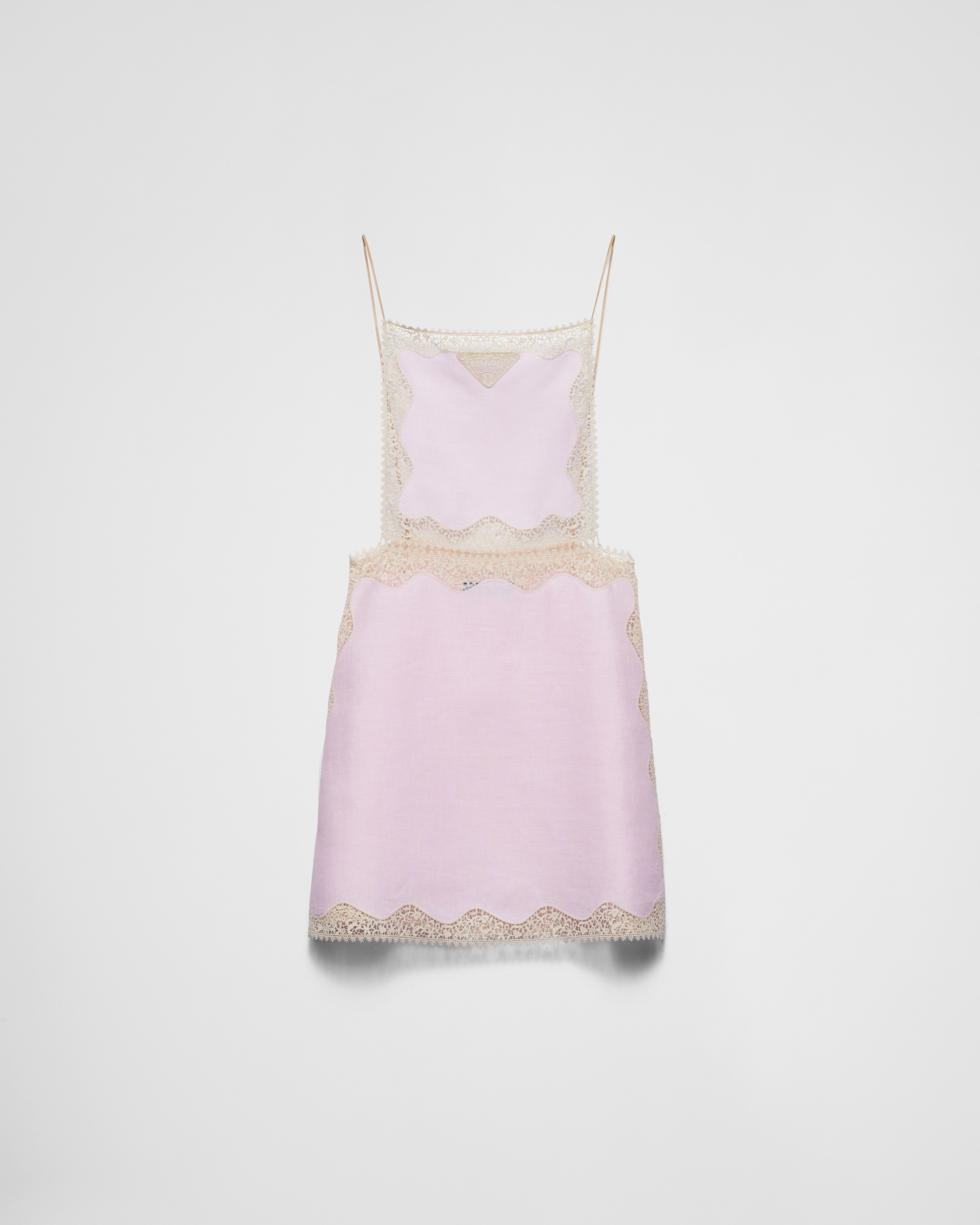 【プラダ・PRADA】Embroidered, lace-trimmed linen mini-dress Pink Embroidered, Lace-trimmed Linen Mini-dress | PRADA