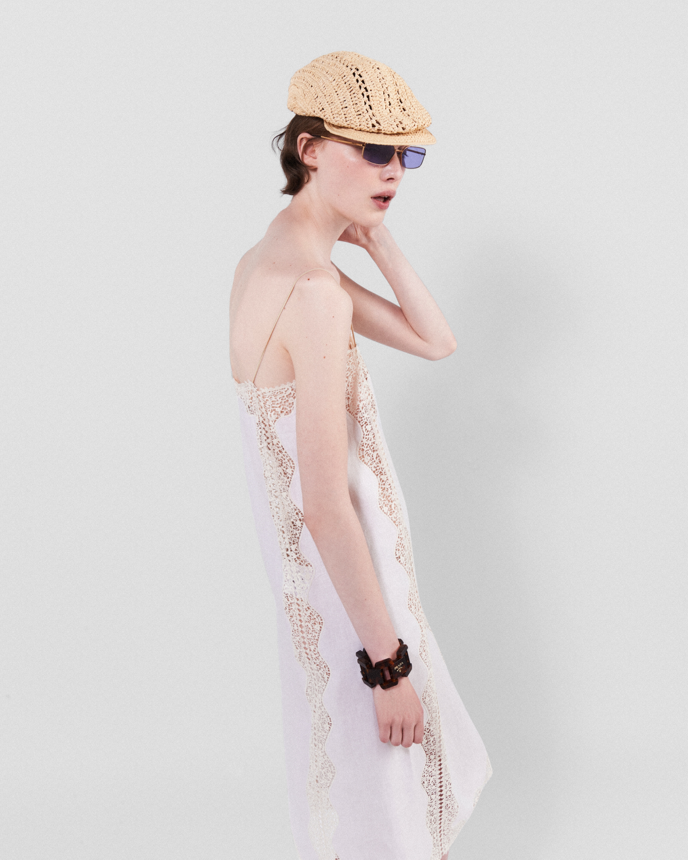 Sand Beige Embroidered, Lace-trimmed Linen Dress | PRADA