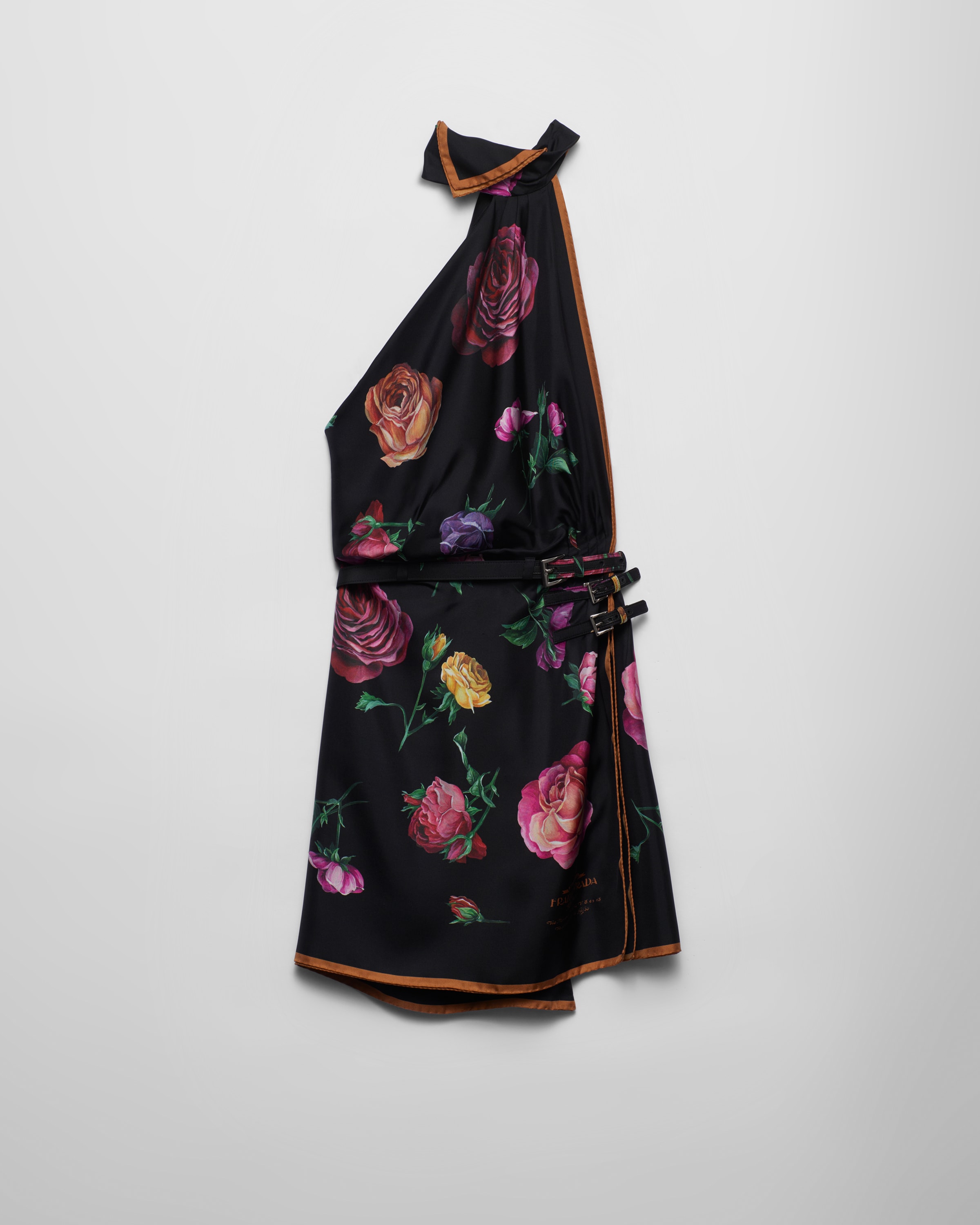 Prada Silk Twill Floral-print Backless Halter Mini Dress In Black