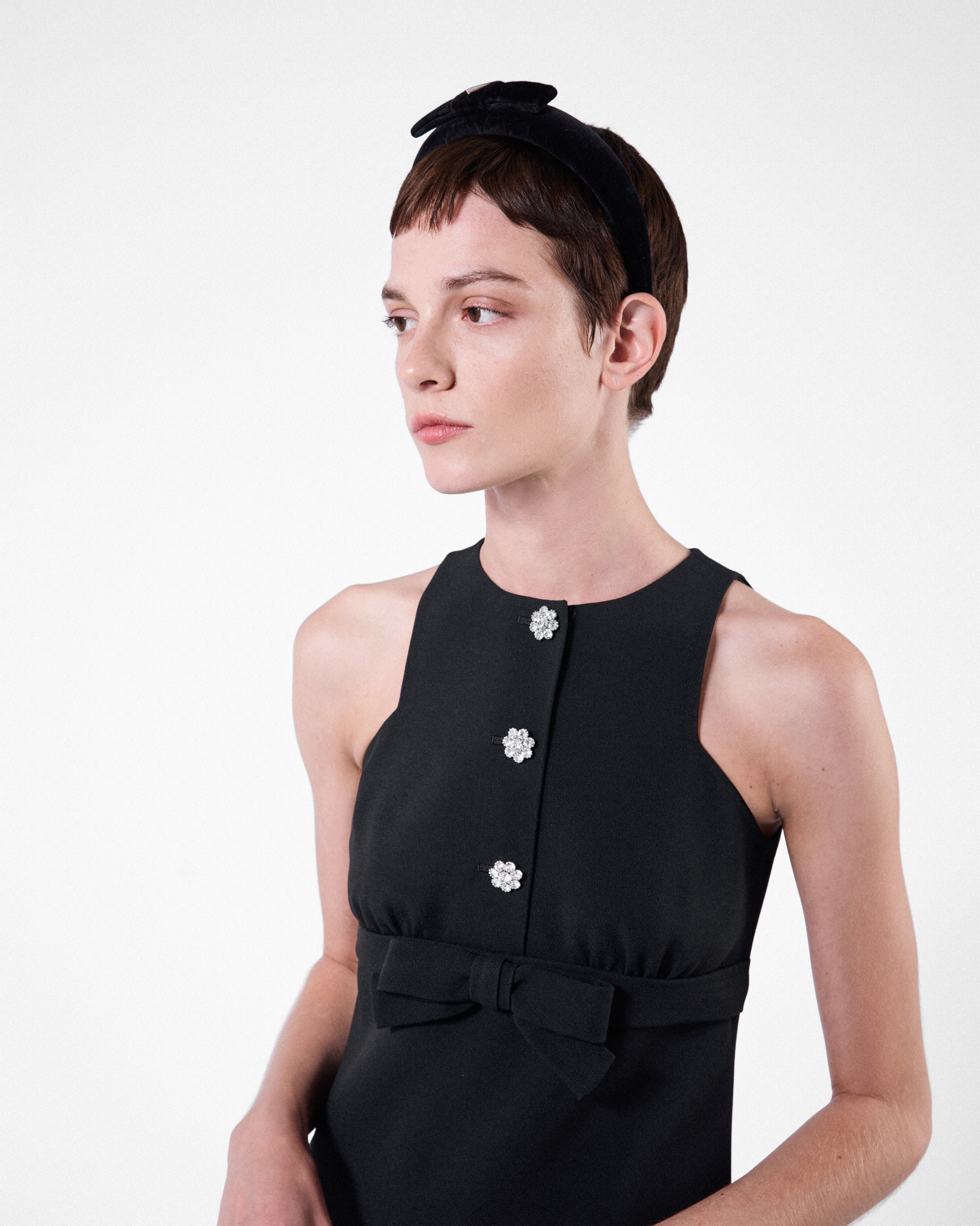 Prada Bow Jeweled Button Mini Dress In Black