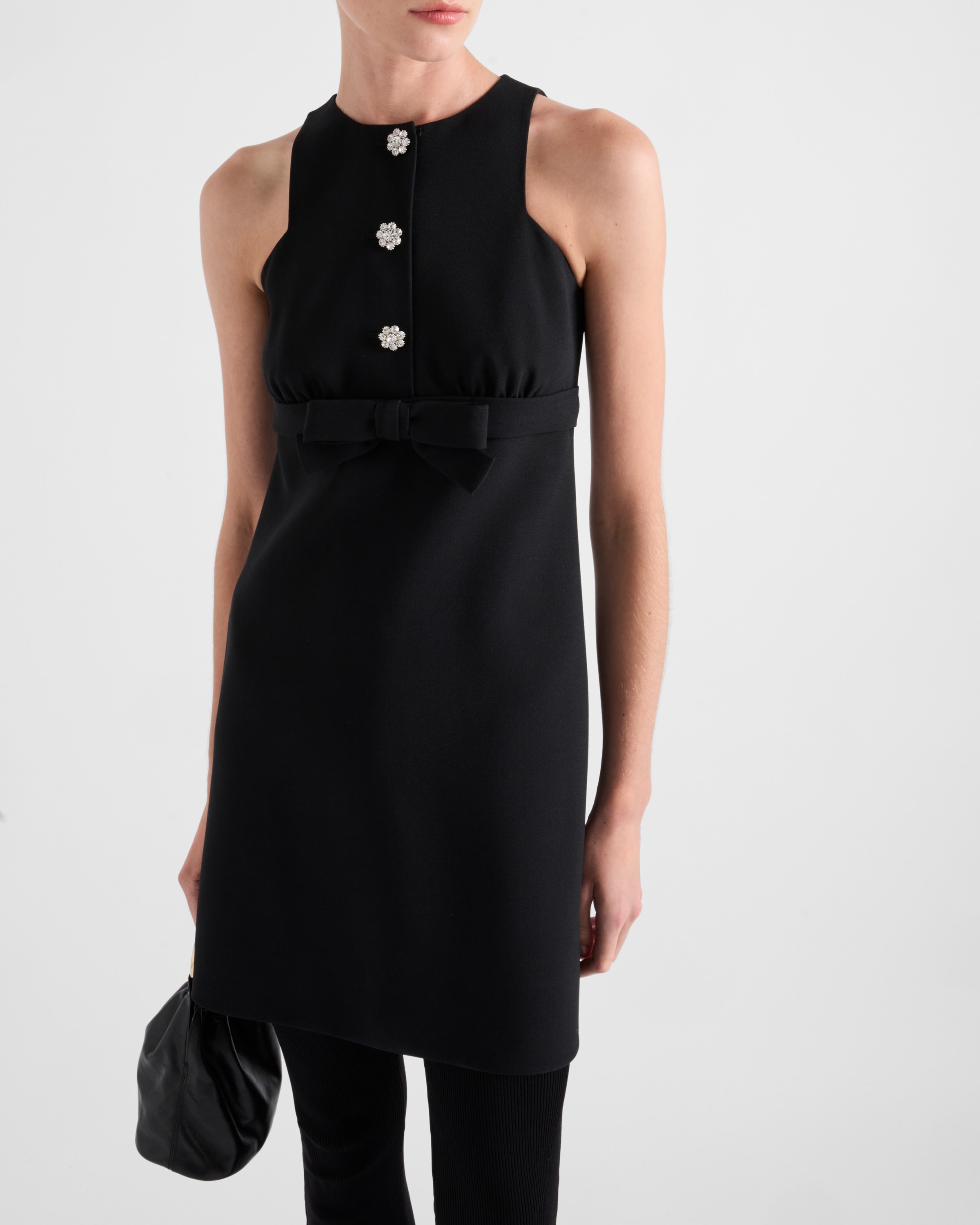Prada Bow Jeweled Button Mini Dress In Black