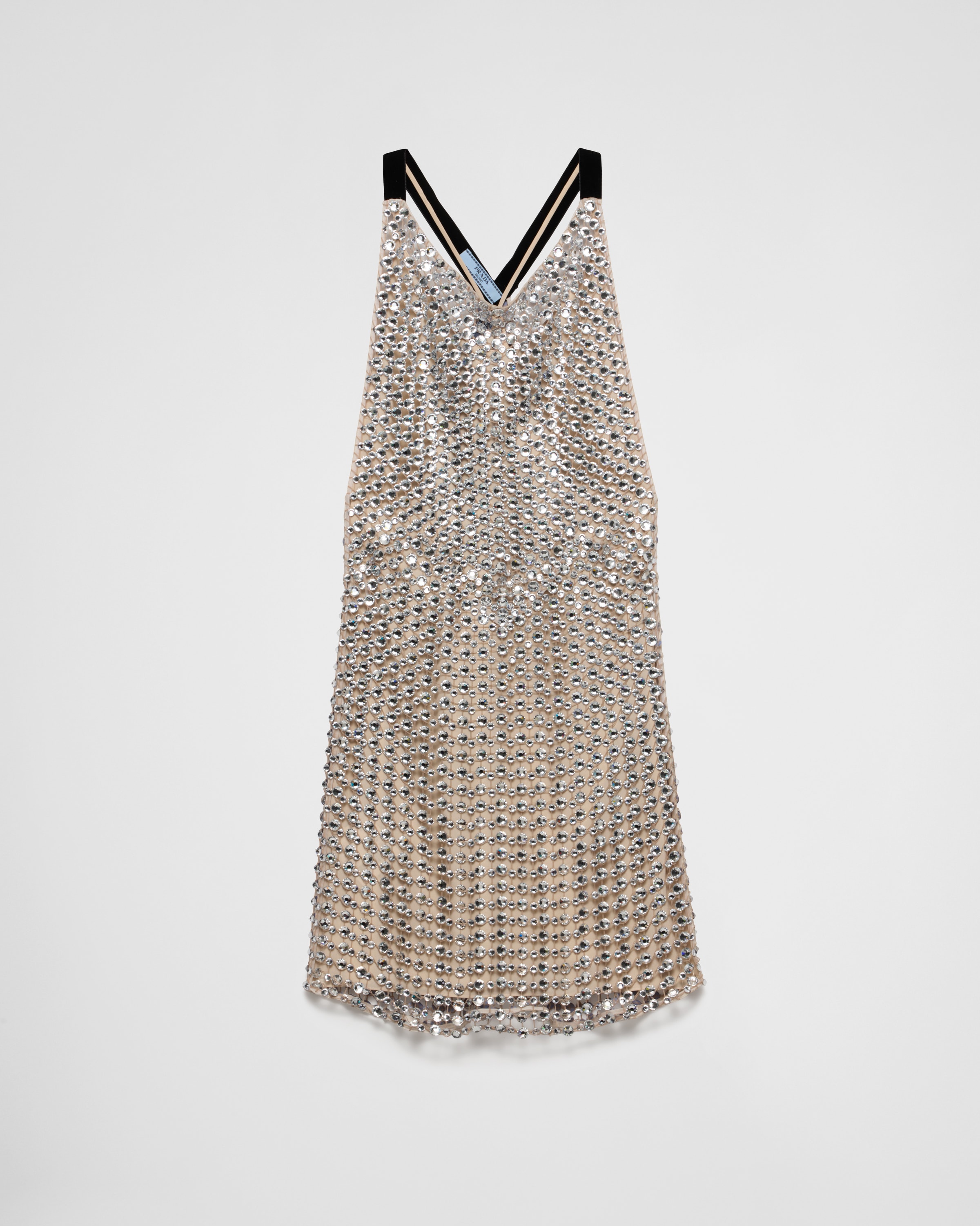Prada Rhinestone Mesh Embroidered Mini Dress In Crystal